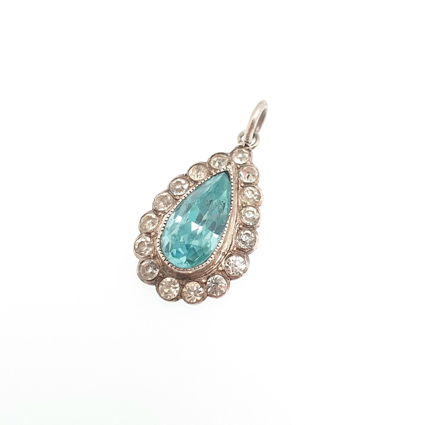 Antique Solid Silver Aquamarine Paste Pendant Diamond Paste Necklace Pear Cut Art Deco 1920s Vintage Ladies Womens Jewelry Jewellery
