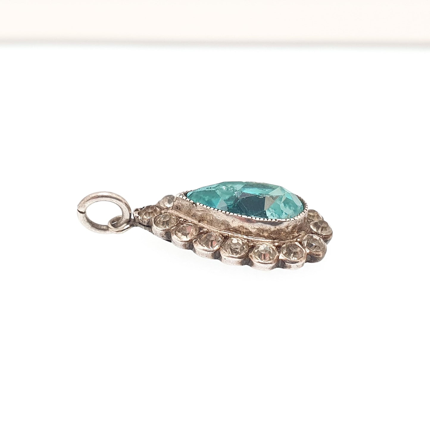 Antique Solid Silver Aquamarine Paste Pendant Diamond Paste Necklace Pear Cut Art Deco 1920s Vintage Ladies Womens Jewelry Jewellery
