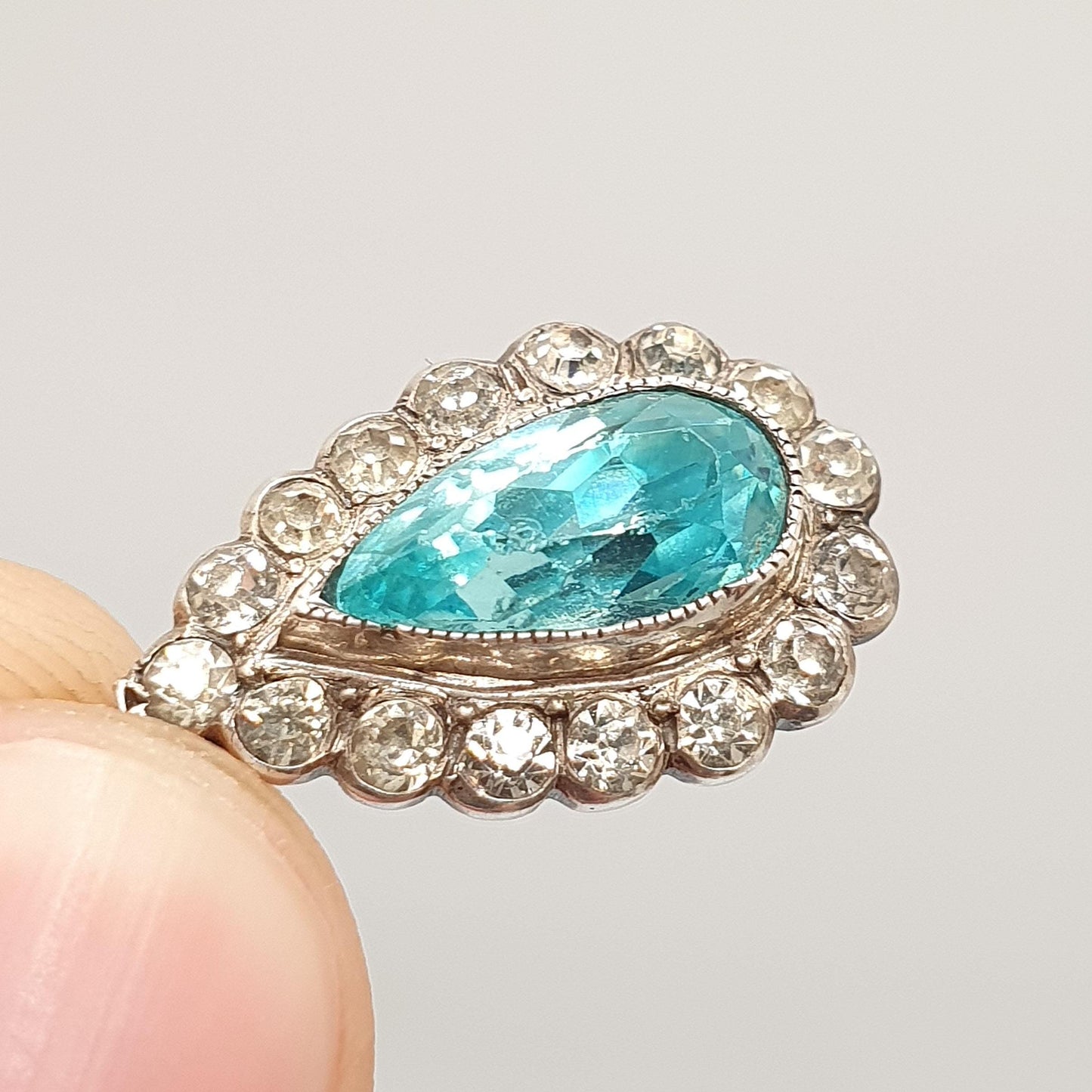 Antique Solid Silver Aquamarine Paste Pendant Diamond Paste Necklace Pear Cut Art Deco 1920s Vintage Ladies Womens Jewelry Jewellery