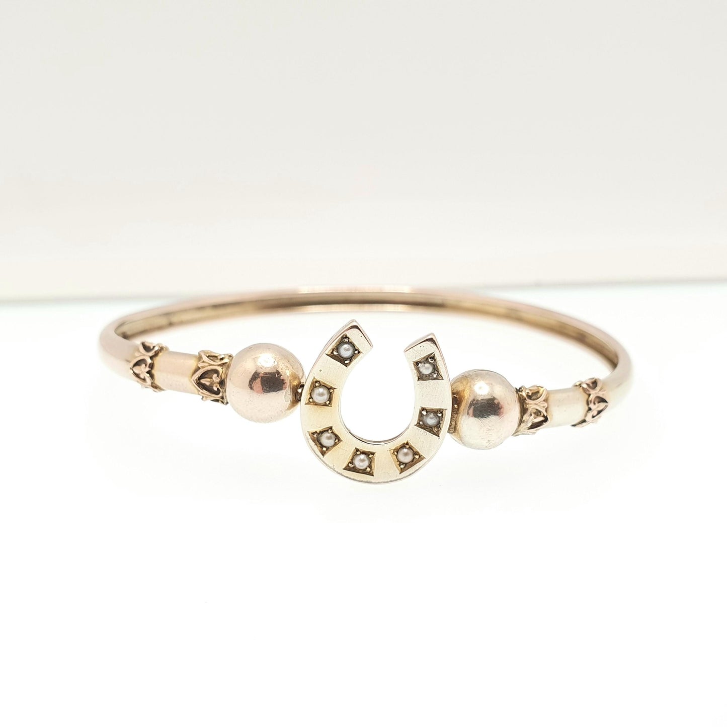 Antique 9ct 9k Gold Horseshoe Bracelet Bangle Seed Pearl Edwardian Lucky Good Luck Solid 375 Rose Yellow Vintage Jewelry Jewellery Womens