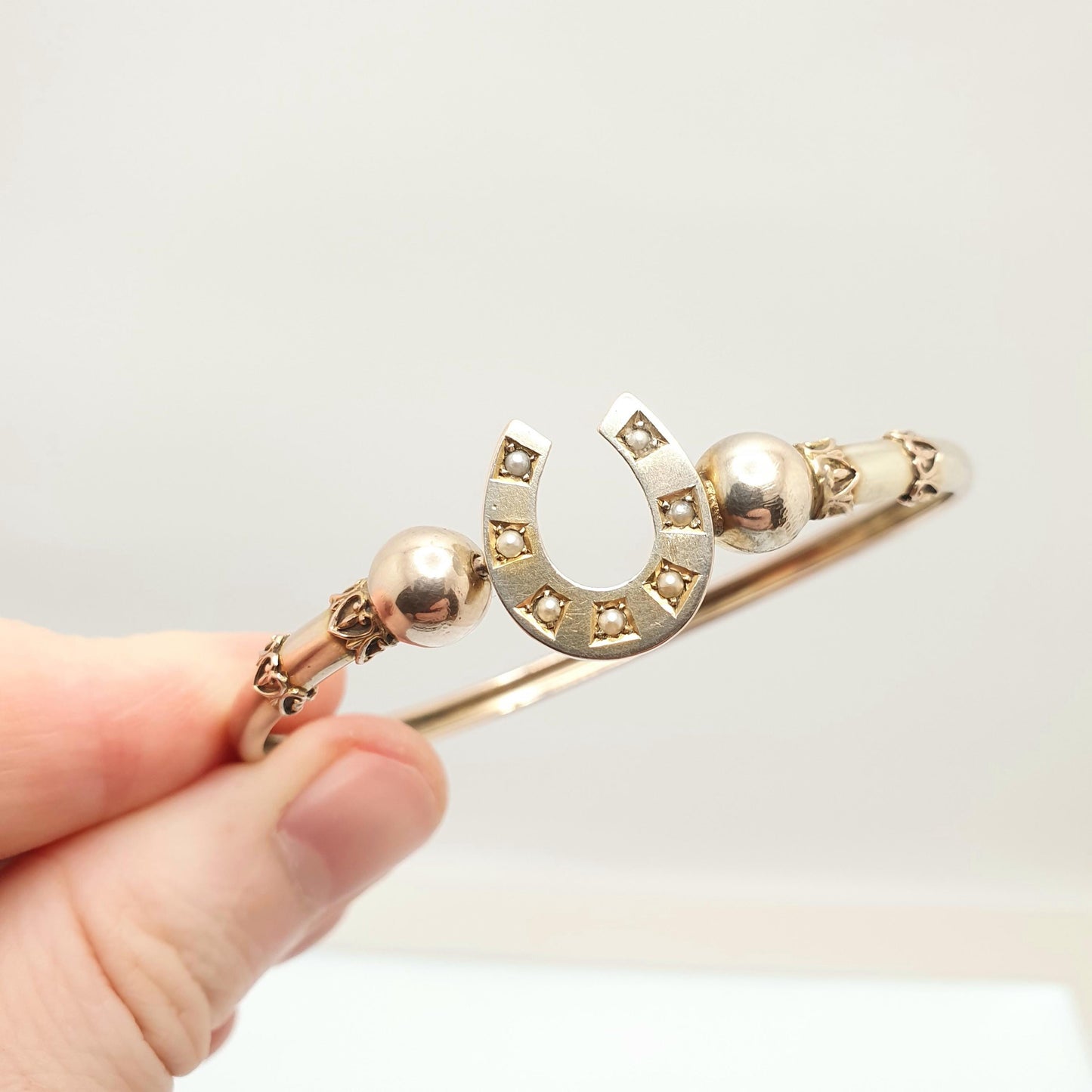 Antique 9ct 9k Gold Horseshoe Bracelet Bangle Seed Pearl Edwardian Lucky Good Luck Solid 375 Rose Yellow Vintage Jewelry Jewellery Womens