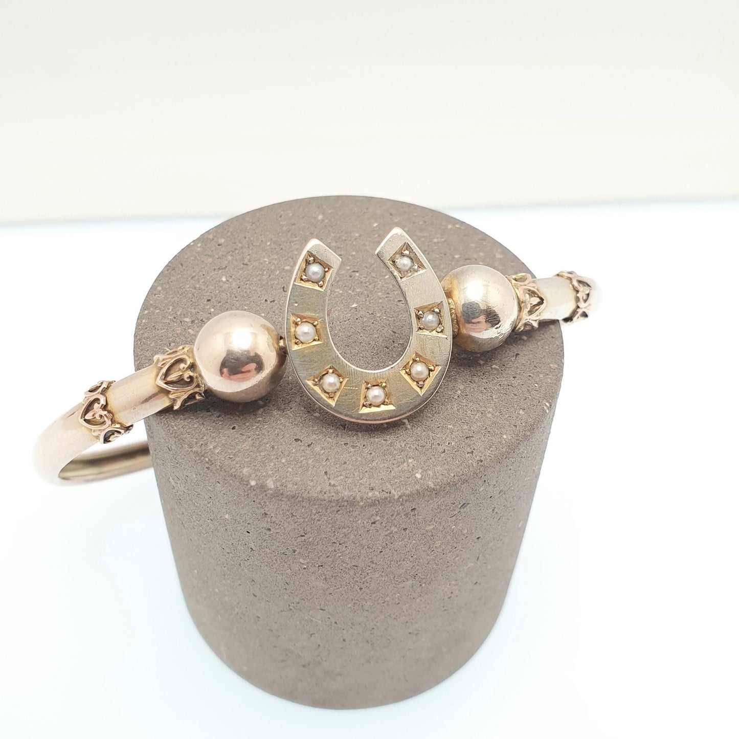 Antique 9ct 9k Gold Horseshoe Bracelet Bangle Seed Pearl Edwardian Lucky Good Luck Solid 375 Rose Yellow Vintage Jewelry Jewellery Womens