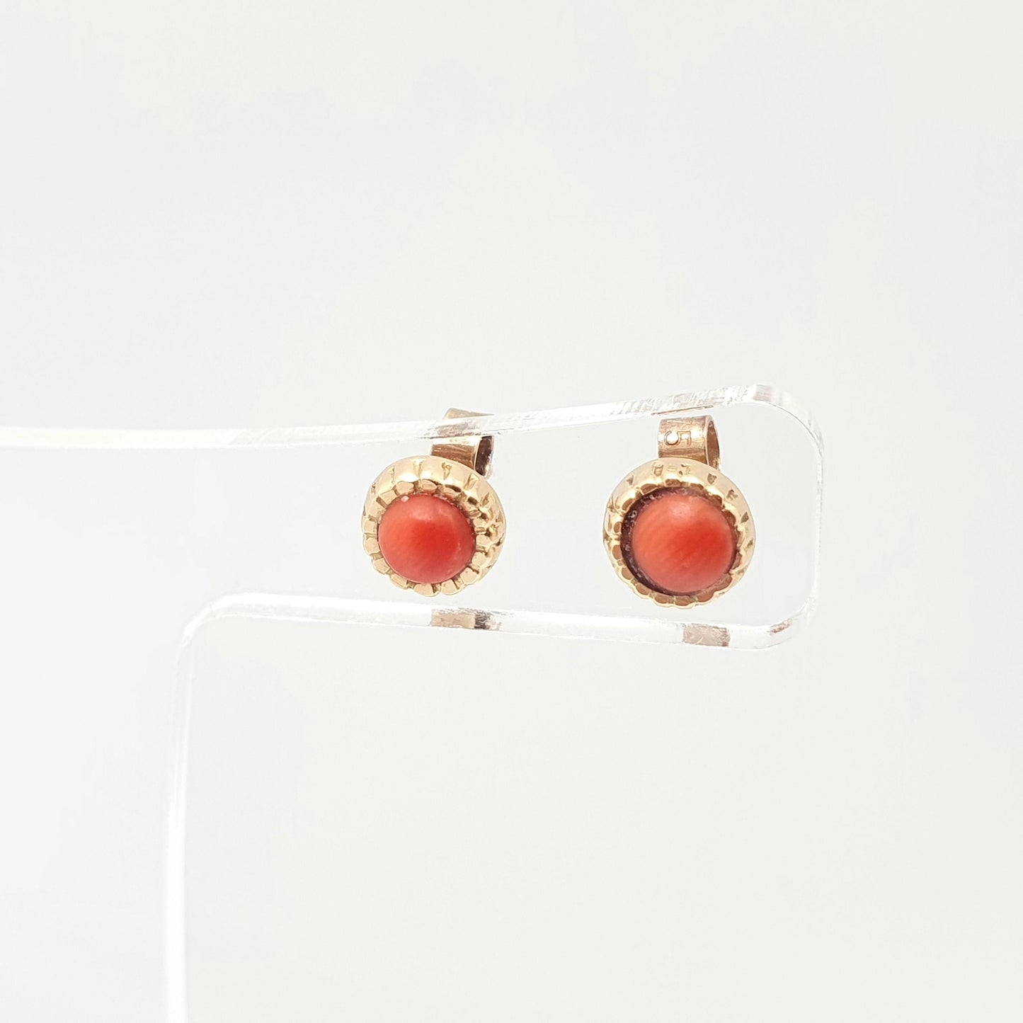 Antique 18k 18ct Gold Coral Earrings Stud Red Orange Solid 750 Vintage Round Cabochon Italian Elegant Womens Retro Jewelry Jewellery