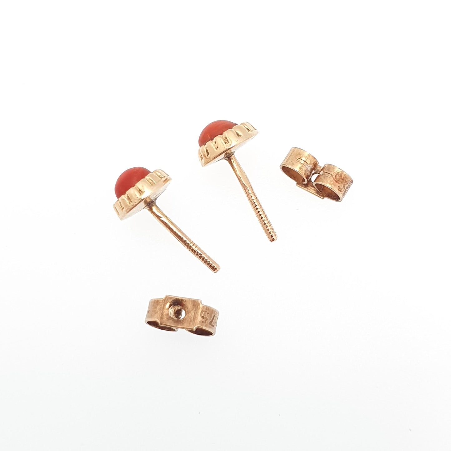 Antique 18k 18ct Gold Coral Earrings Stud Red Orange Solid 750 Vintage Round Cabochon Italian Elegant Womens Retro Jewelry Jewellery