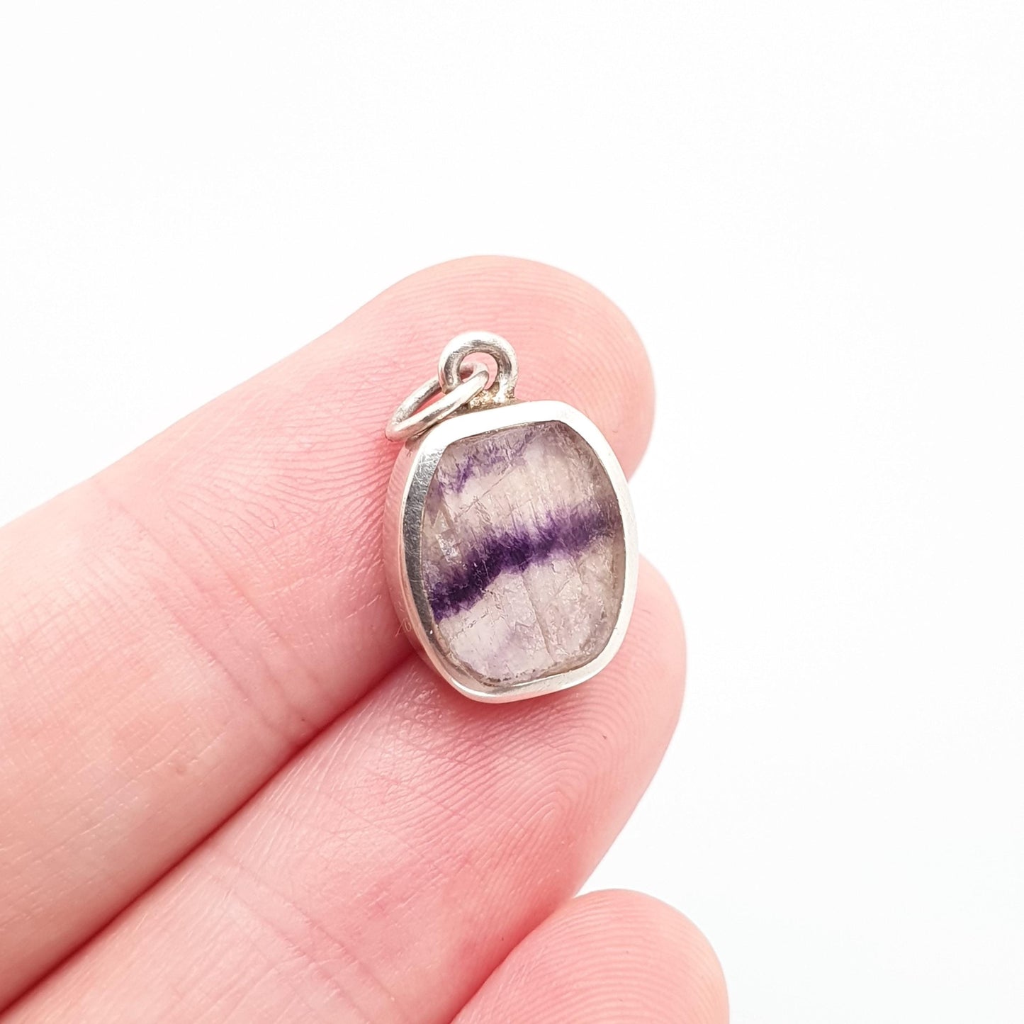Vintage Sterling Silver Blue John Necklace Pendant Small Hallmarked Cabochon Charm Border Bleu Jaune Womens Mens Rare Gemstone Retro Jewelry