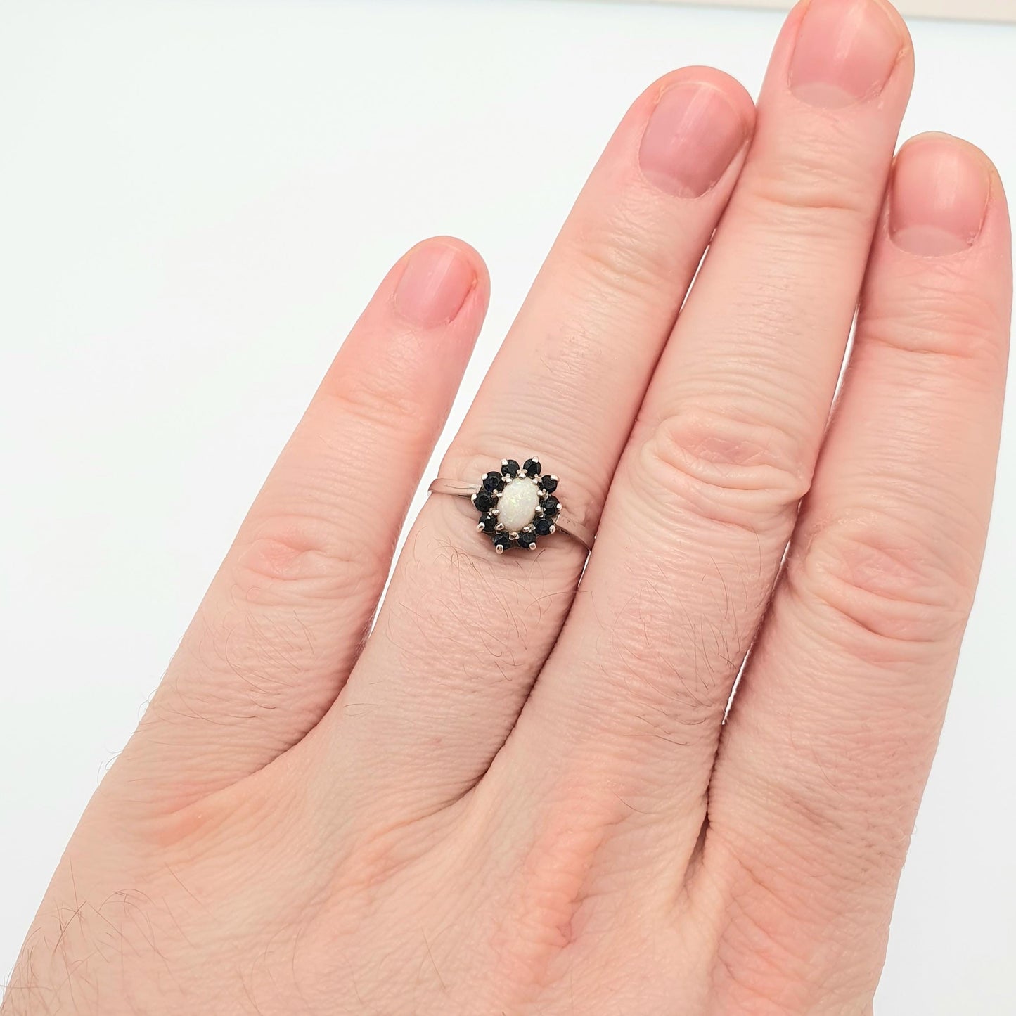 RESERVED/SOLD PAU Vintage Sterling Silver Opal & Sapphire Ring Cluster Halo 1986 Hallmarked Sparkly Retro