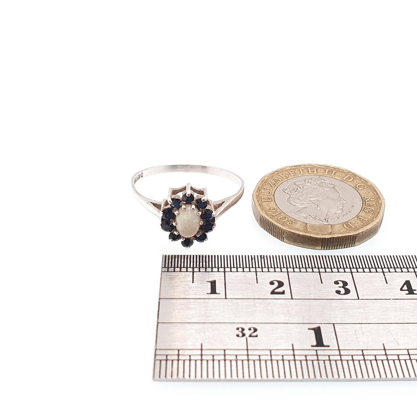 RESERVED/SOLD PAU Vintage Sterling Silver Opal & Sapphire Ring Cluster Halo 1986 Hallmarked Sparkly Retro