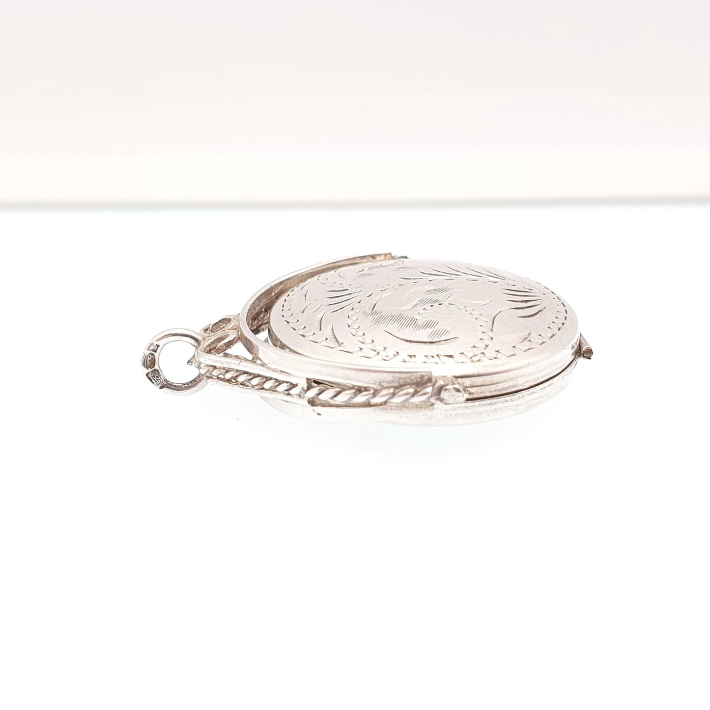 Vintage Sterling Silver Spinner Locket Pendant Fob Necklace Spinning 1970s Solid 9ct 9 Carat Engraved Photo Picture Retro Womens Jewelry