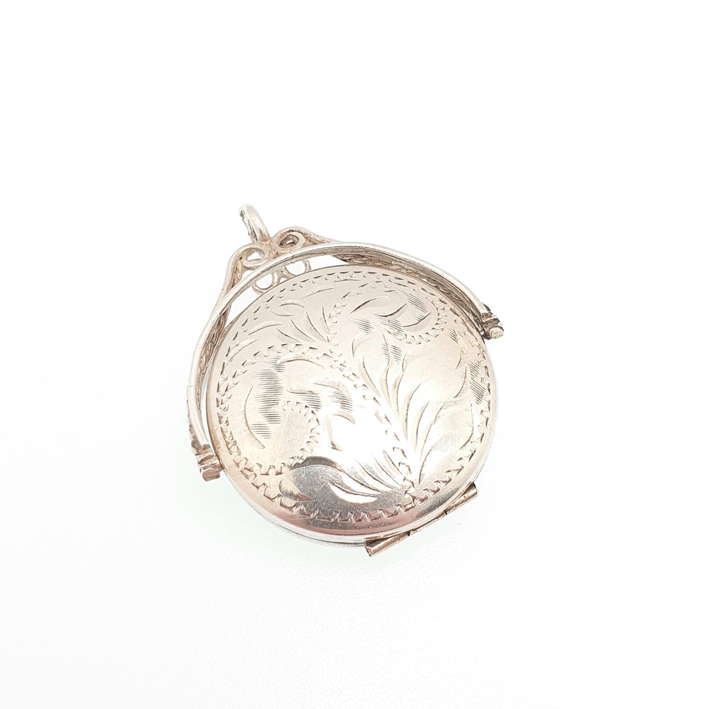 Vintage Sterling Silver Spinner Locket Pendant Fob Necklace Spinning 1970s Solid 9ct 9 Carat Engraved Photo Picture Retro Womens Jewelry