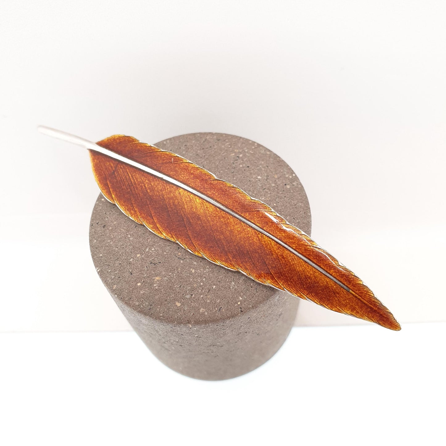 Antique Sterling Silver Enamel Feather Leaf Brooch Pin Autumn Leaves Brown Orange Bird Solid 925 Naturalistic Vintage Jewelry Jewellery