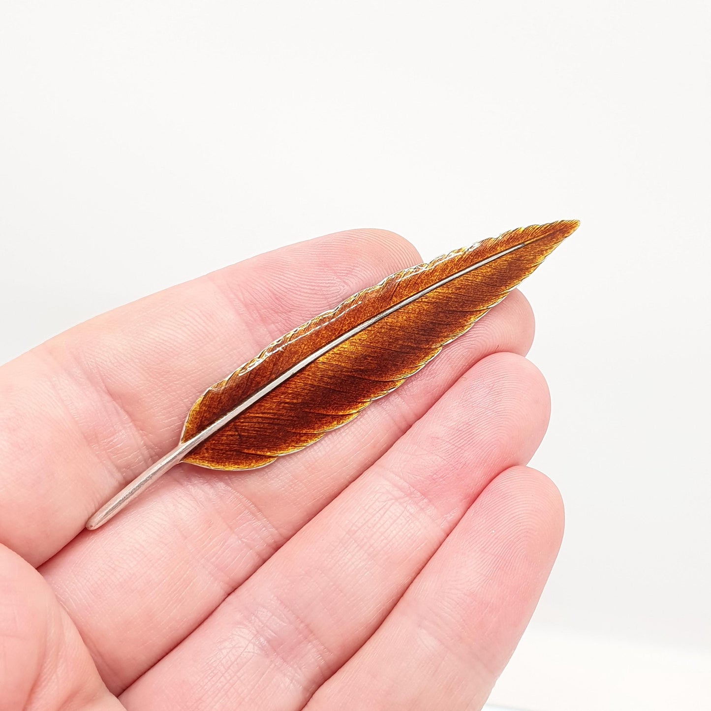 Antique Sterling Silver Enamel Feather Leaf Brooch Pin Autumn Leaves Brown Orange Bird Solid 925 Naturalistic Vintage Jewelry Jewellery