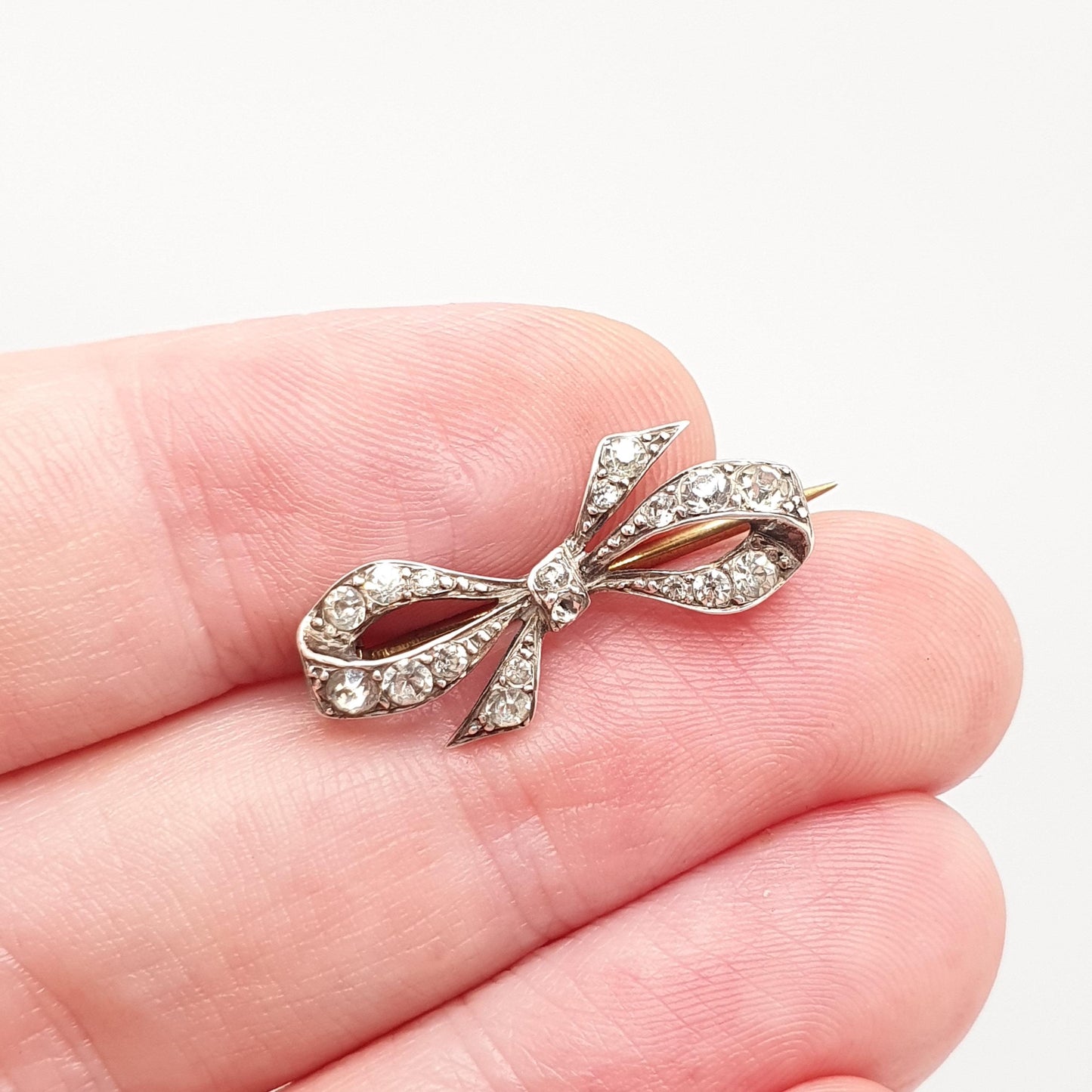 Antique Art Deco Paste Sterling Silver Bow Brooch Ribbon Diamond Pastes Tiny Small 1920s Sweet Cute Quaint Womens Jewelry Jewellery Vintage