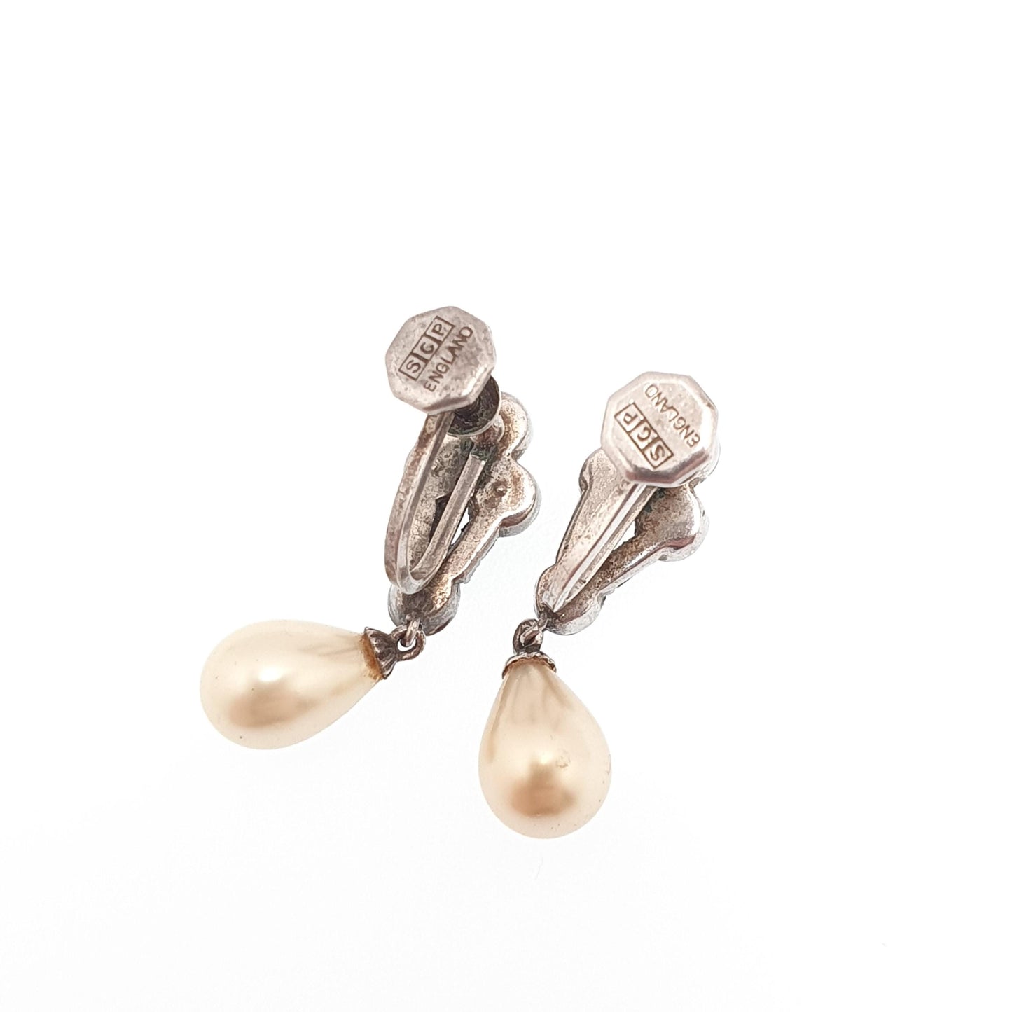 Antique Art Deco Sterling Silver Diamond Paste Earrings SCP Ciro Simulated Pearl Hook Dangle Dangling Drop 1920s Vintage Jewelry Jewellery