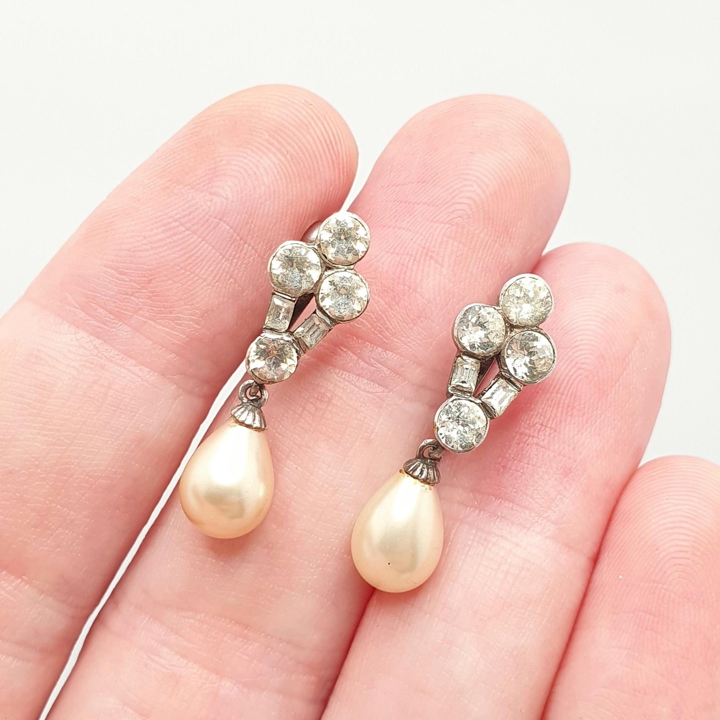 Antique Art Deco Sterling Silver Diamond Paste Earrings SCP Ciro Simulated Pearl Hook Dangle Dangling Drop 1920s Vintage Jewelry Jewellery