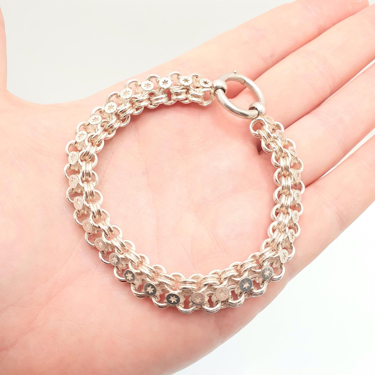 Antique Victorian Solid Silver Bracelet Star Pierced Belcher Chain Rolo Links Vintage Albertina Book Chain Vintage Womens Jewellery Jewelry