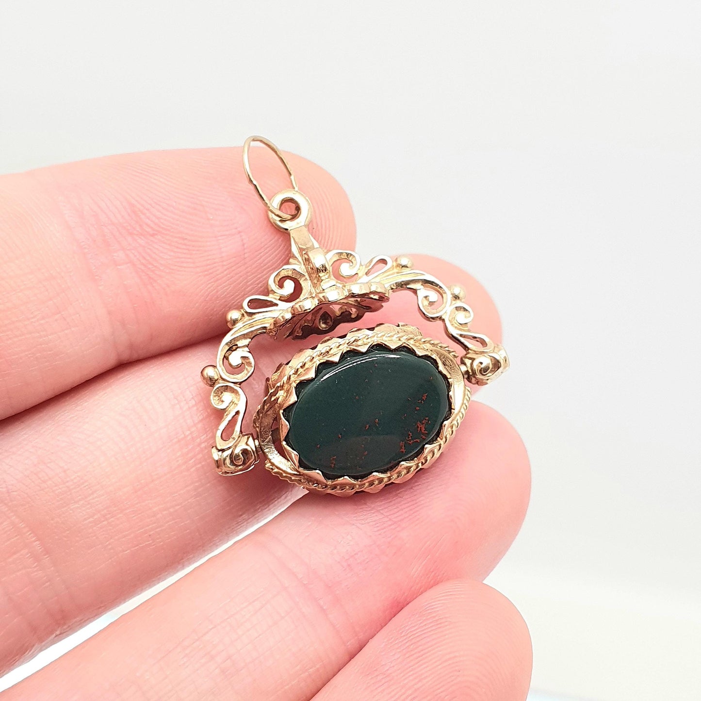 Vintage 9ct 9k Gold Spinner Fob Pendant Bloodstone Onyx Carnelian Necklace Victorian Style Large Hallmarked 375 9kt Womens Jewelry Jewellery