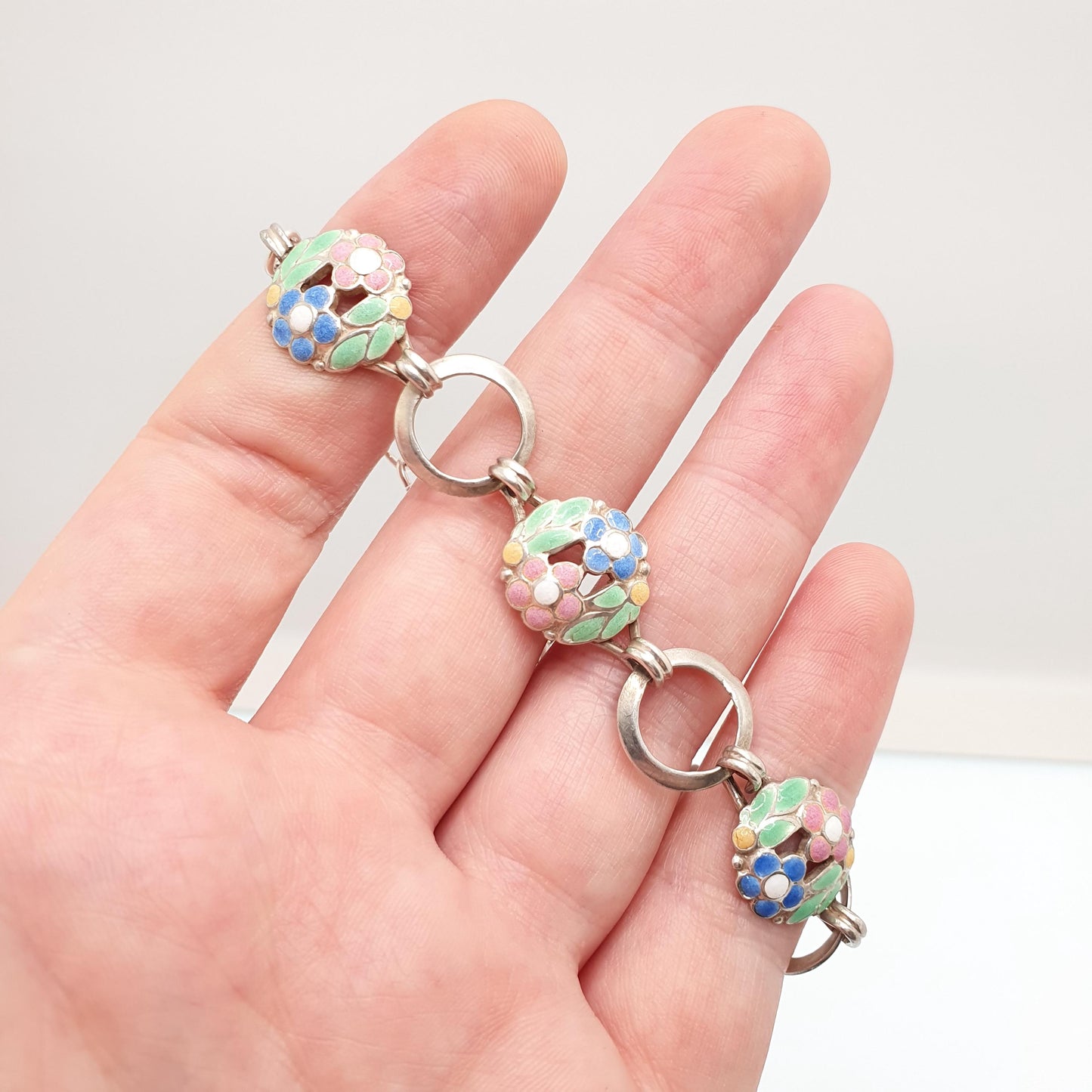 Vintage Solid Silver Enamel Flower Bracelet 1950s Maybe A.H Darby Scandinavian Style Handmade 15.07g 20cm Womens Jewelry Retro Jewellery