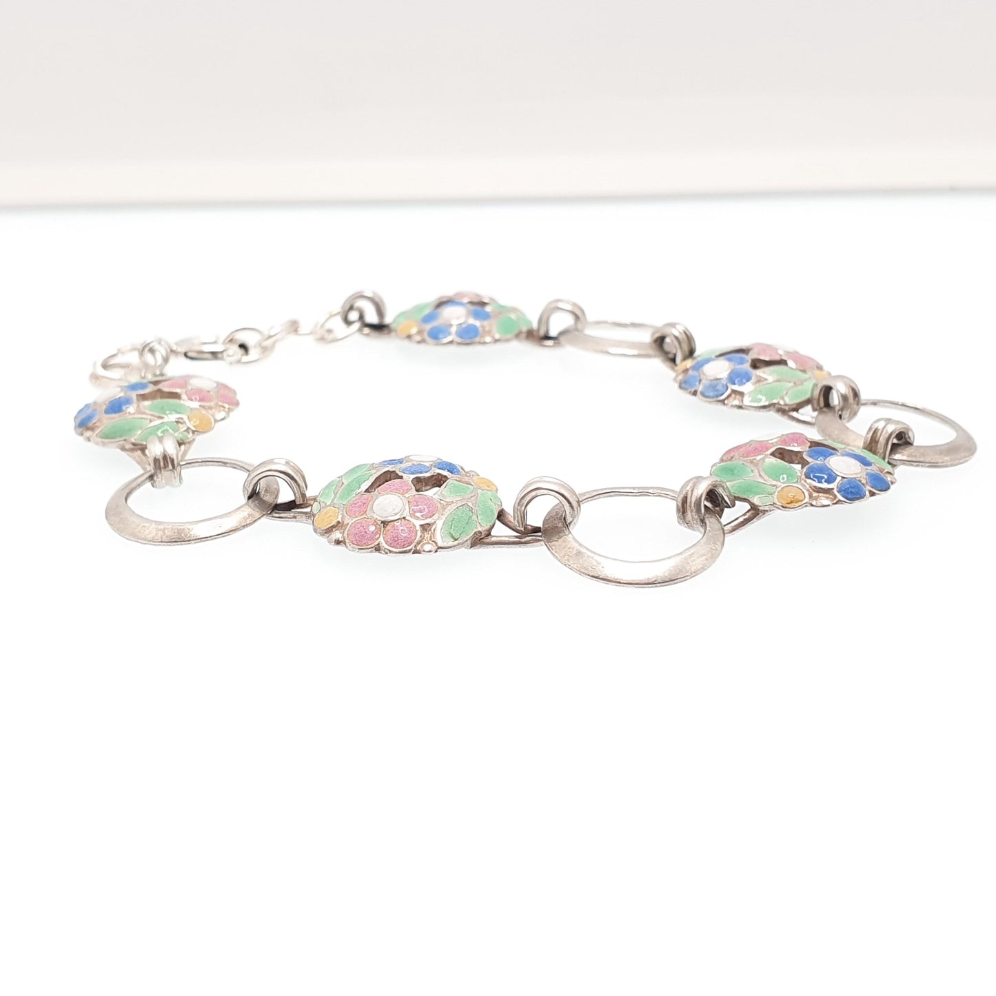 Vintage Solid Silver Enamel Flower Bracelet 1950s Maybe A.H Darby Scandinavian Style Handmade 15.07g 20cm Womens Jewelry Retro Jewellery