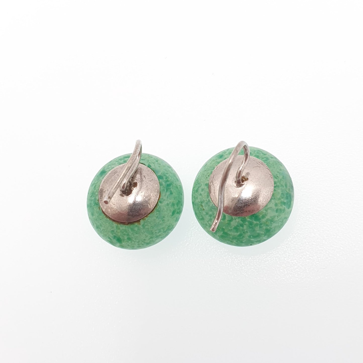 Antique Solid Silver Peking Glass Earrings Art Deco Faux Jade Bead Button Hook 1920s Vintage Round Green Flapper Womens Jewelry Jewellery
