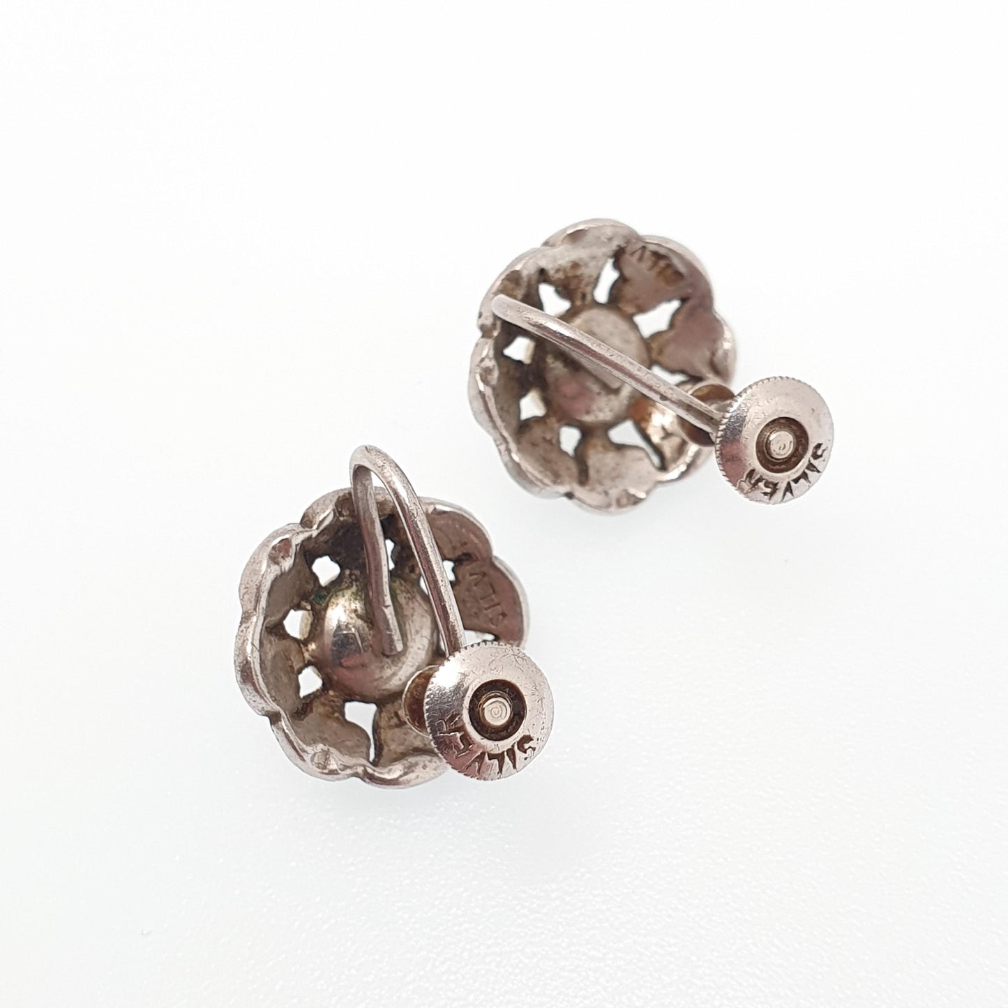 Antique Art Deco Solid Silver Pearl Earrings Marcasite Simulated Faux Spiral 1920s Vintage Flower Genuine Womens Ladies Jewelry Jewellery