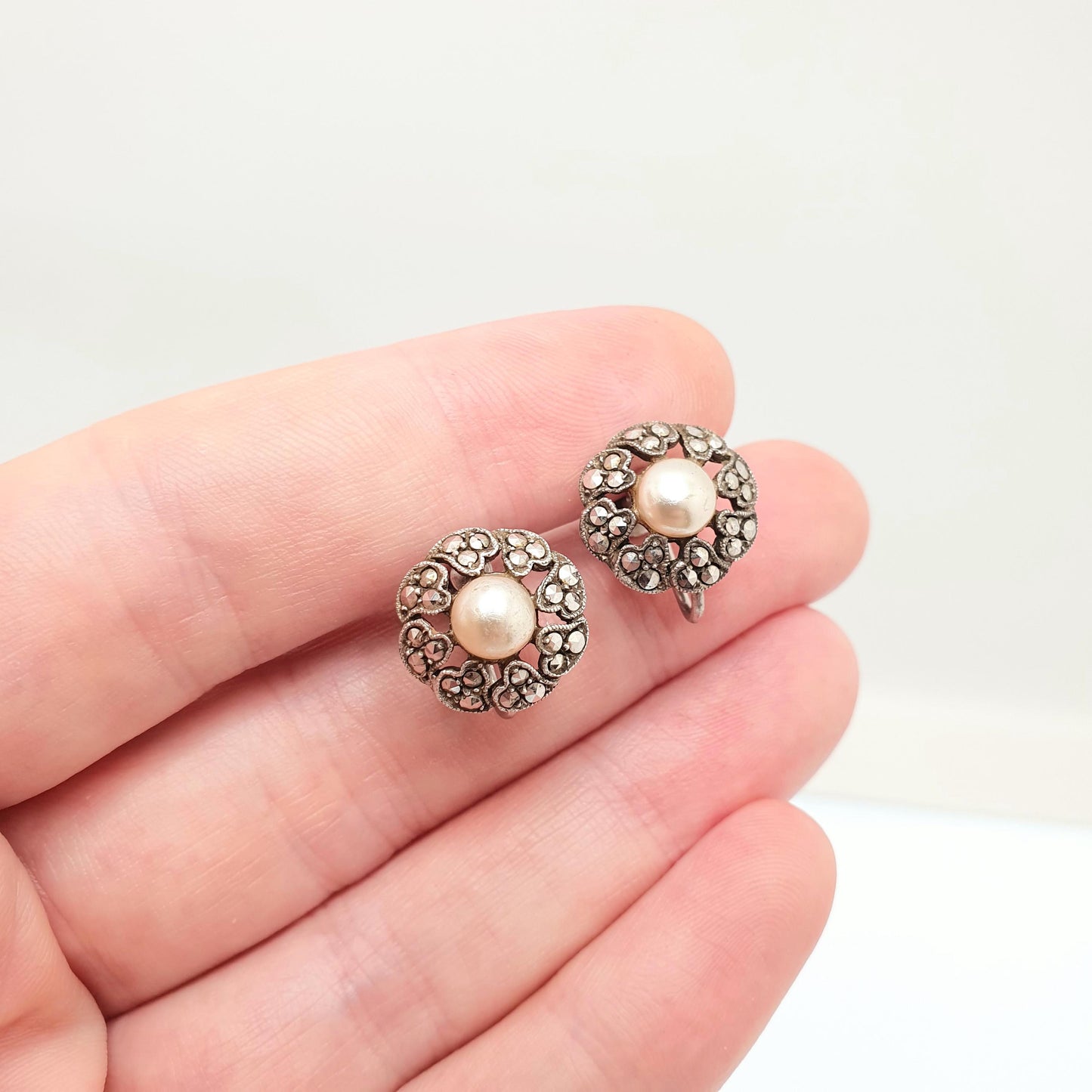 Antique Art Deco Solid Silver Pearl Earrings Marcasite Simulated Faux Spiral 1920s Vintage Flower Genuine Womens Ladies Jewelry Jewellery