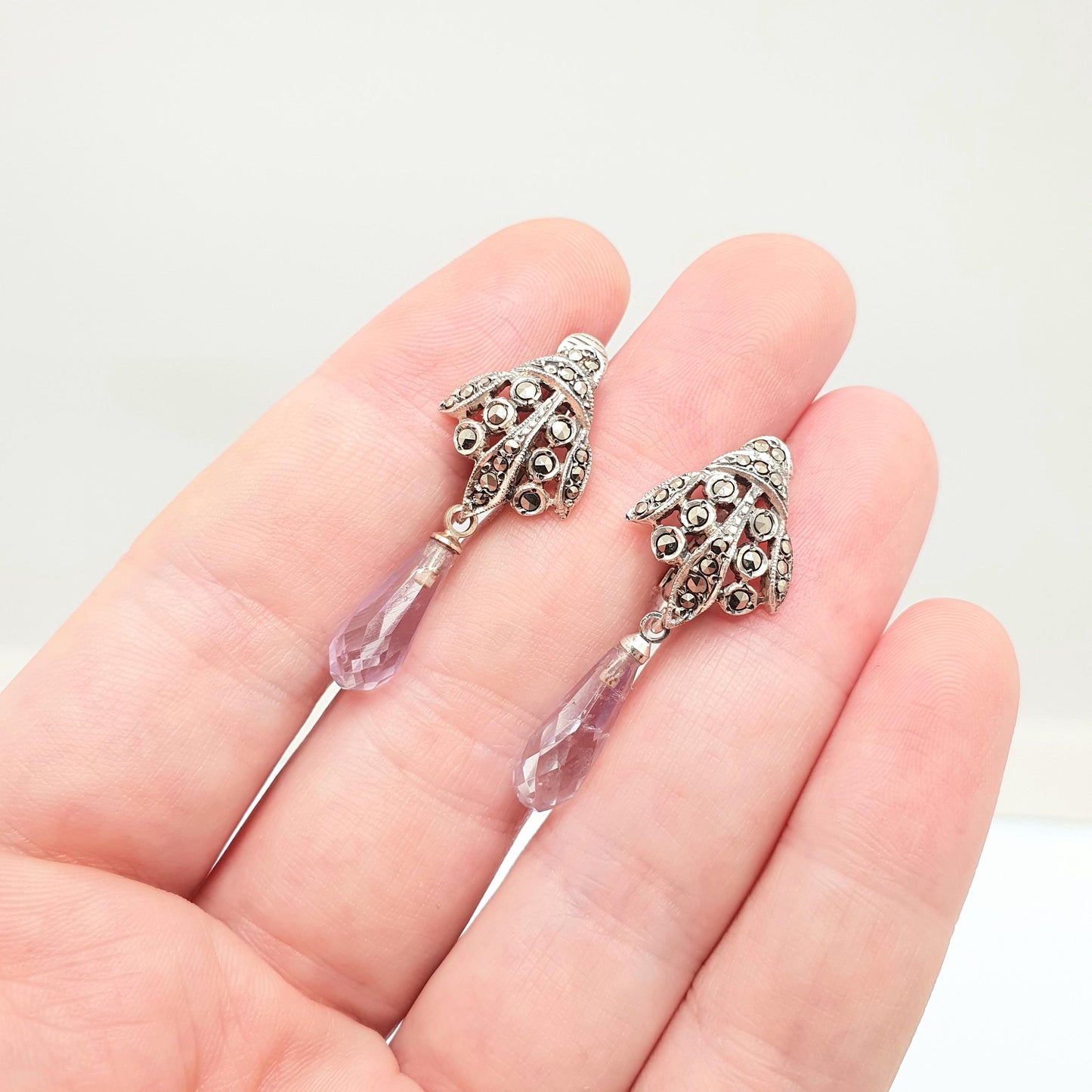 Antique Solid Silver Amethyst Earrings Genuine Amethyst Teardrop Art Deco Marcasite Vintage 1920s Chandelier Womens Jewelry Jewellery