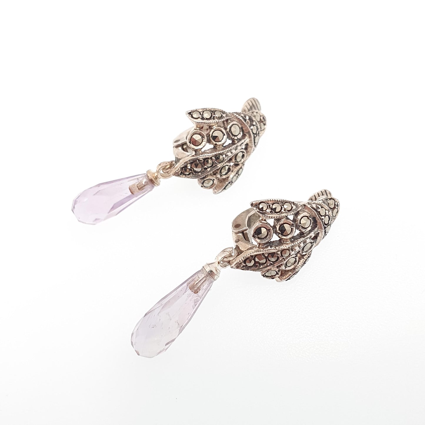 Antique Solid Silver Amethyst Earrings Genuine Amethyst Teardrop Art Deco Marcasite Vintage 1920s Chandelier Womens Jewelry Jewellery