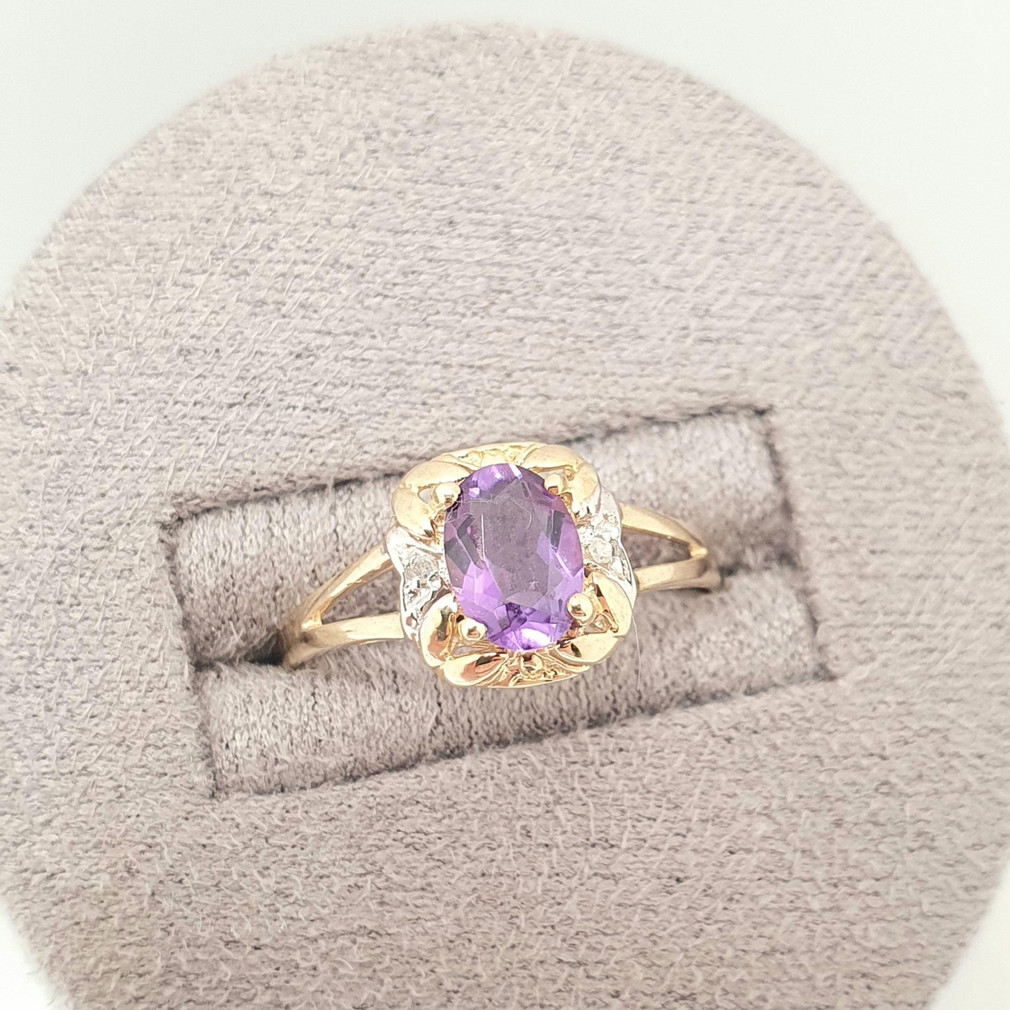 Vintage 9ct 375 Gold Amethyst & Diamond Ring Oval Cut Solid 9k Fine Estate Purple Gemstone Retro Hallmarked Womens Jewellery Jewelry