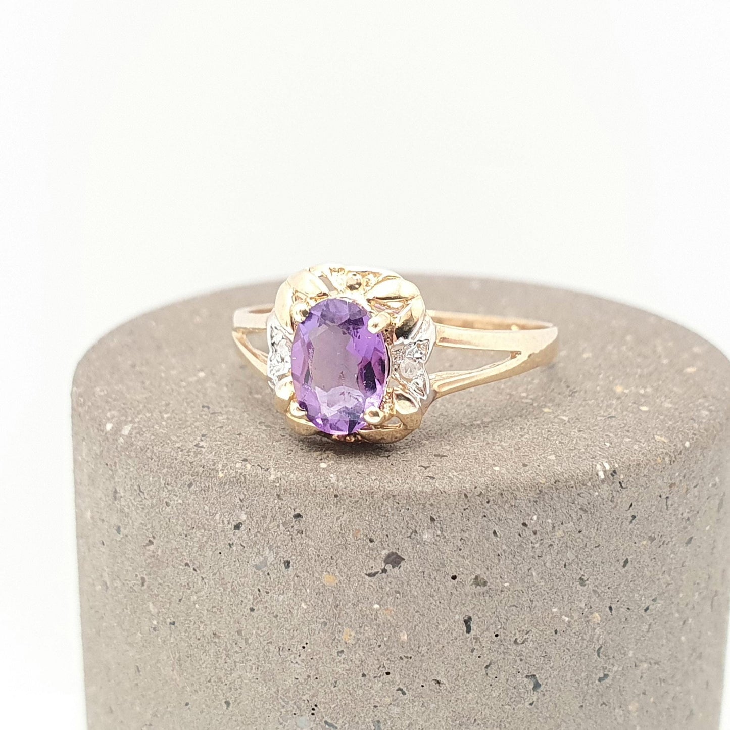 Vintage 9ct 375 Gold Amethyst & Diamond Ring Oval Cut Solid 9k Fine Estate Purple Gemstone Retro Hallmarked Womens Jewellery Jewelry