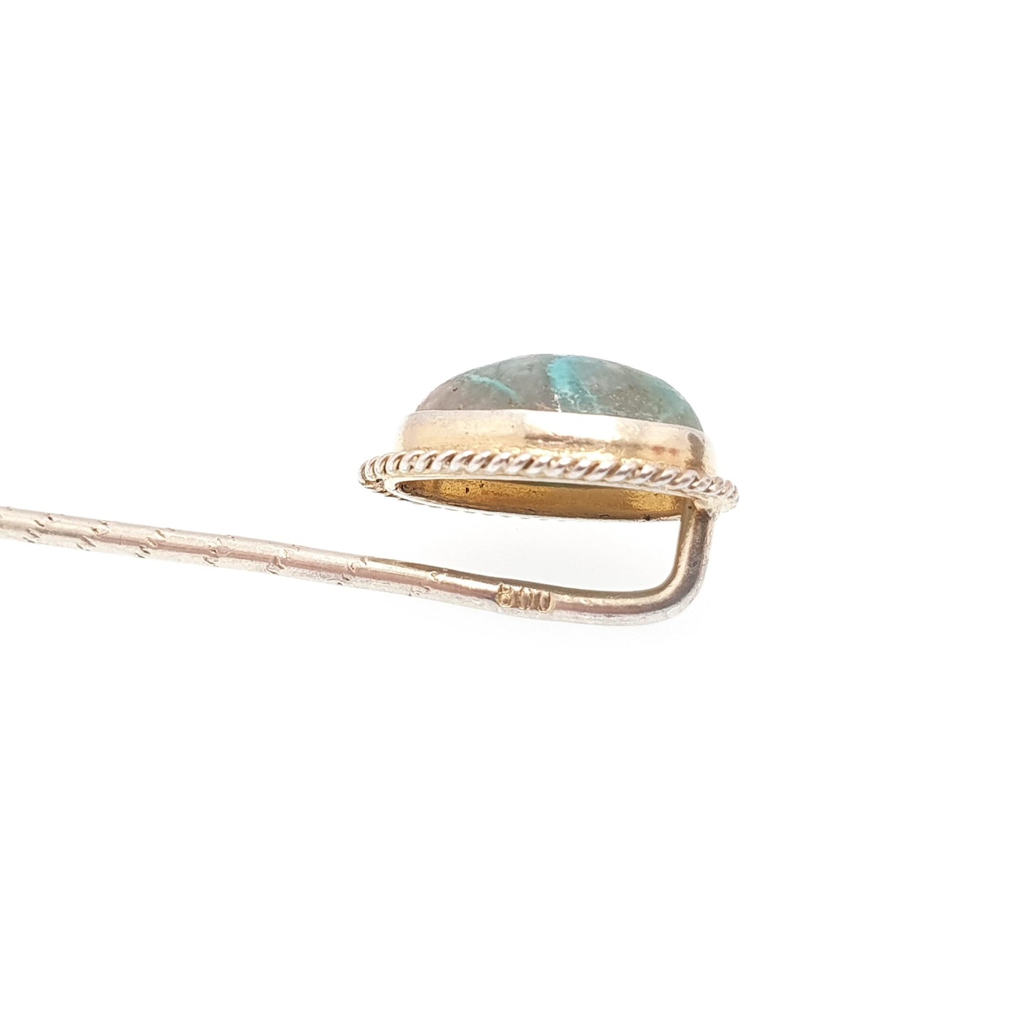 Antique Victorian Solid Silver Natural Turquoise Stick Pin European Oval Cut Cabochon Solitaire Gemstone Genuine Vintage Gents Mens Lapel