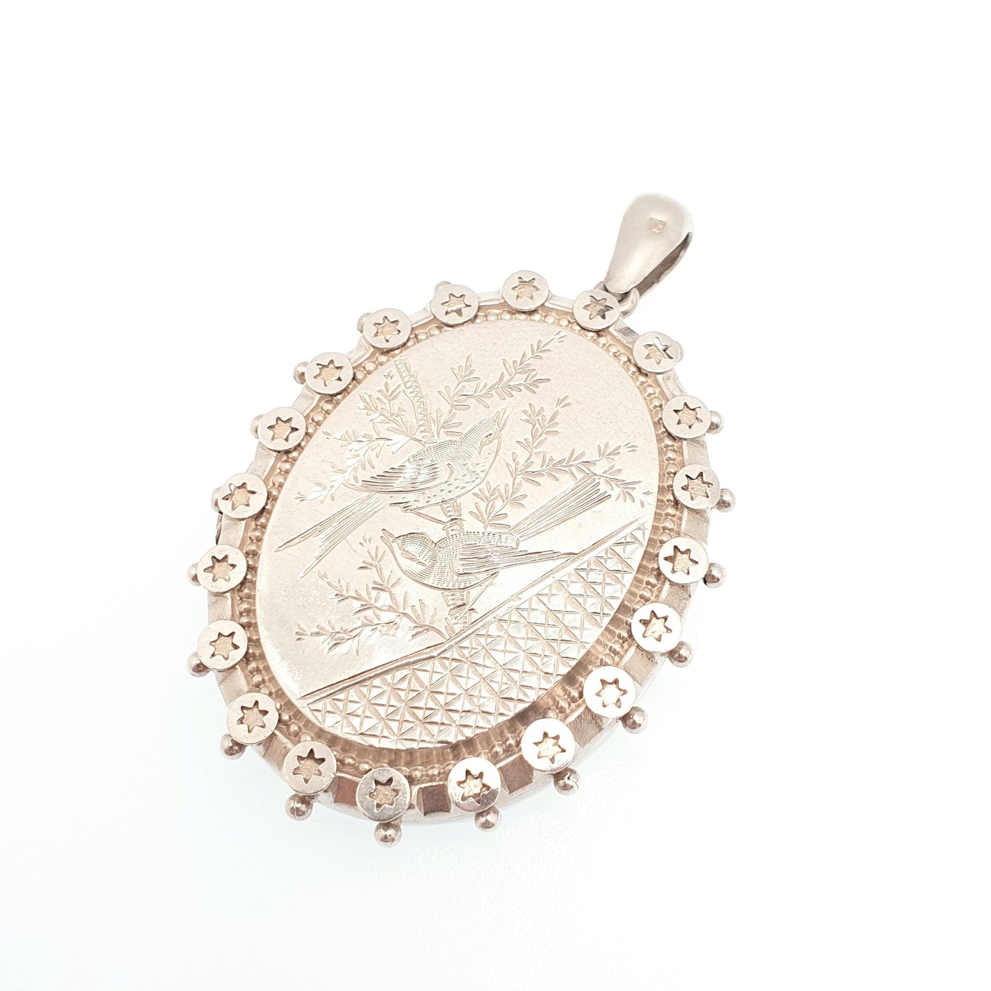 Antique Victorian Sterling Silver Bird Locket Star Geometric Beaded 1882 Hallmark Pendant Picture Photo Etruscan Vintage Jewelry Jewellery