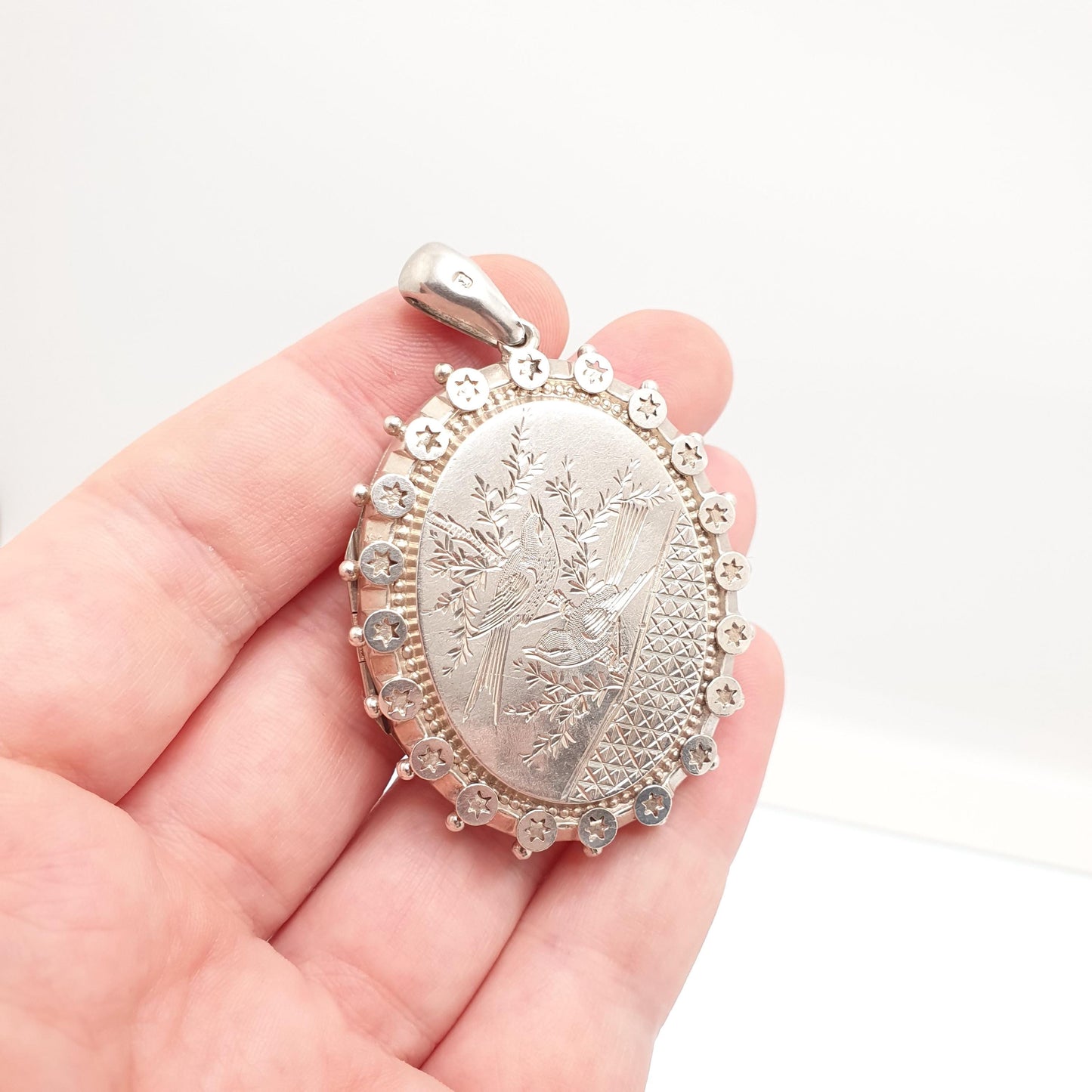 Antique Victorian Sterling Silver Bird Locket Star Geometric Beaded 1882 Hallmark Pendant Picture Photo Etruscan Vintage Jewelry Jewellery