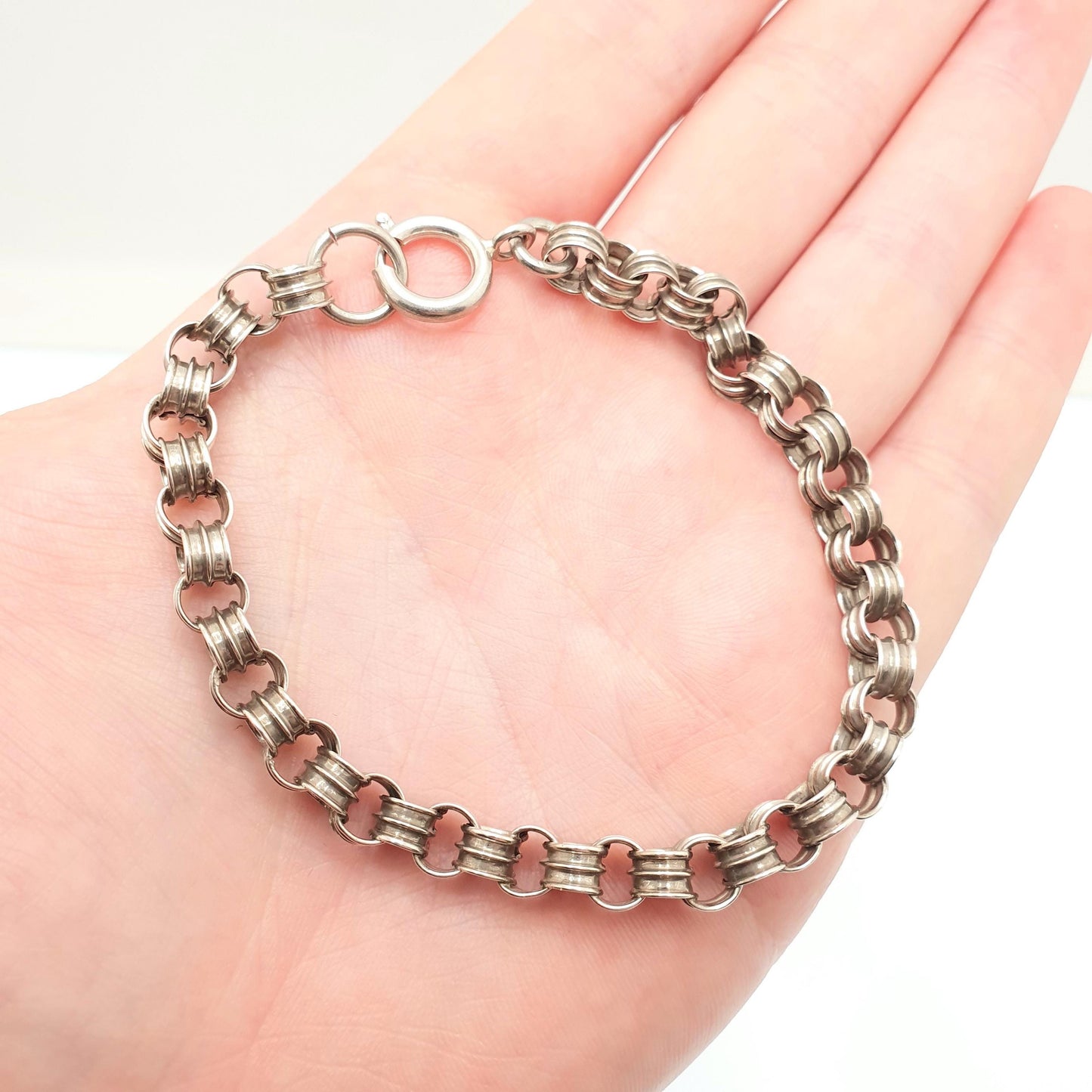 Antique Sterling Silver Victorian Bracelet Belcher Rolo Link Wide Thick Hallmark Round Guard Chain Vintage Womens 1800s Jewellery Jewelry