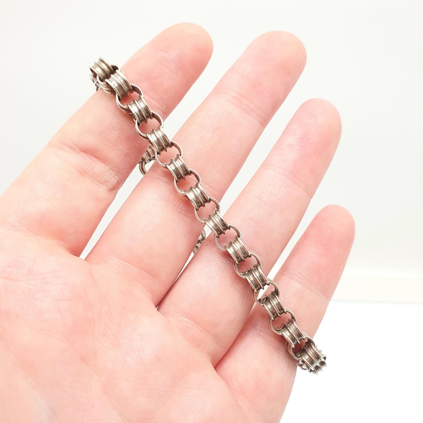 Antique Sterling Silver Victorian Bracelet Belcher Rolo Link Wide Thick Hallmark Round Guard Chain Vintage Womens 1800s Jewellery Jewelry