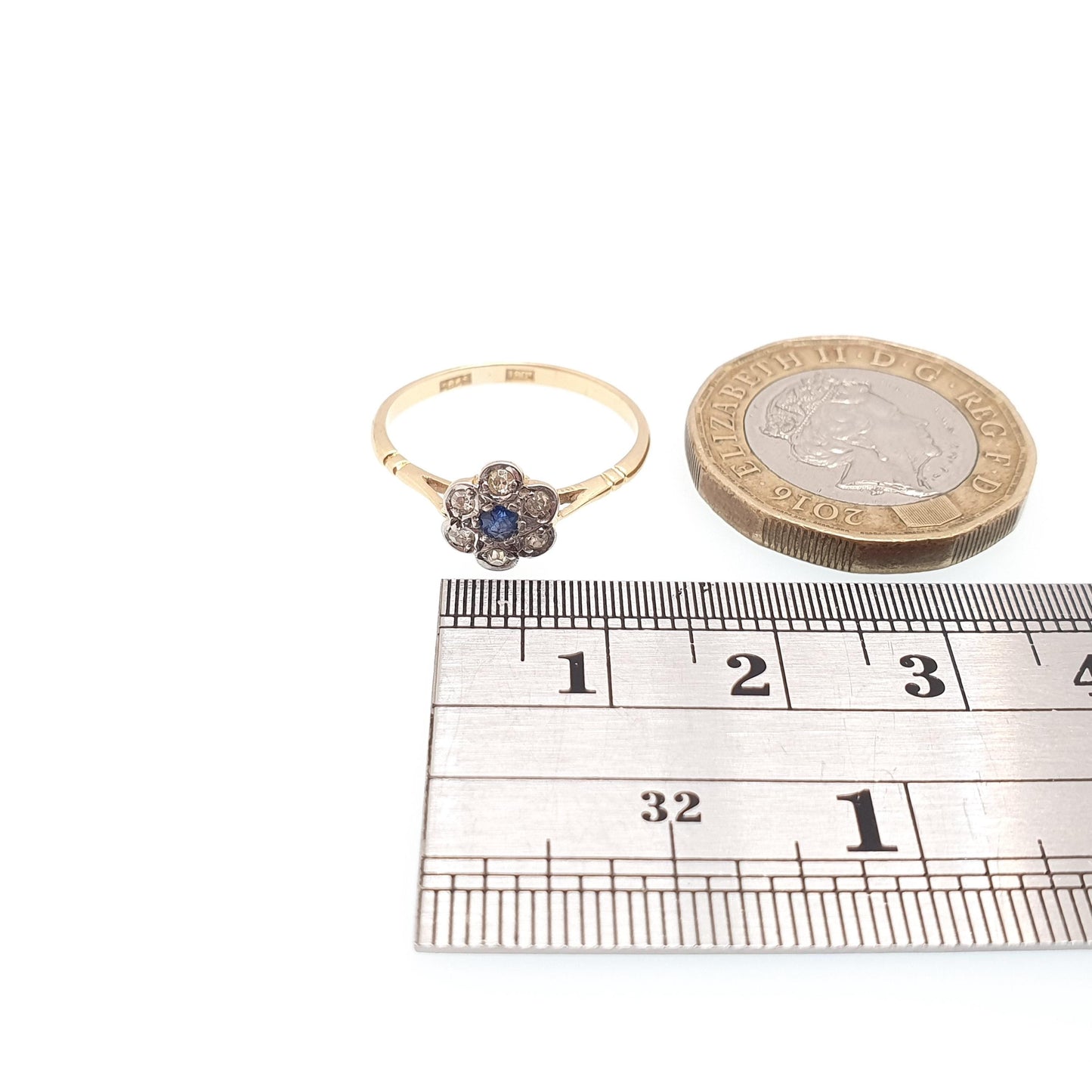 Antique Sapphire & Diamond Ring 18k 18ct Solid Gold 750 Dainty Cluster Flower Halo Gemstone Estate Rose Genuine Vintage Jewelry Jewellery
