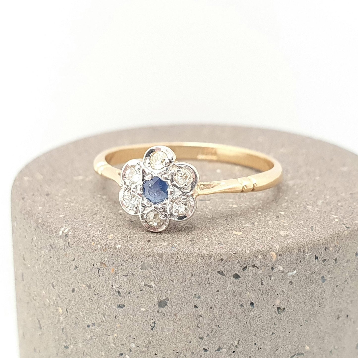 Antique Sapphire & Diamond Ring 18k 18ct Solid Gold 750 Dainty Cluster Flower Halo Gemstone Estate Rose Genuine Vintage Jewelry Jewellery