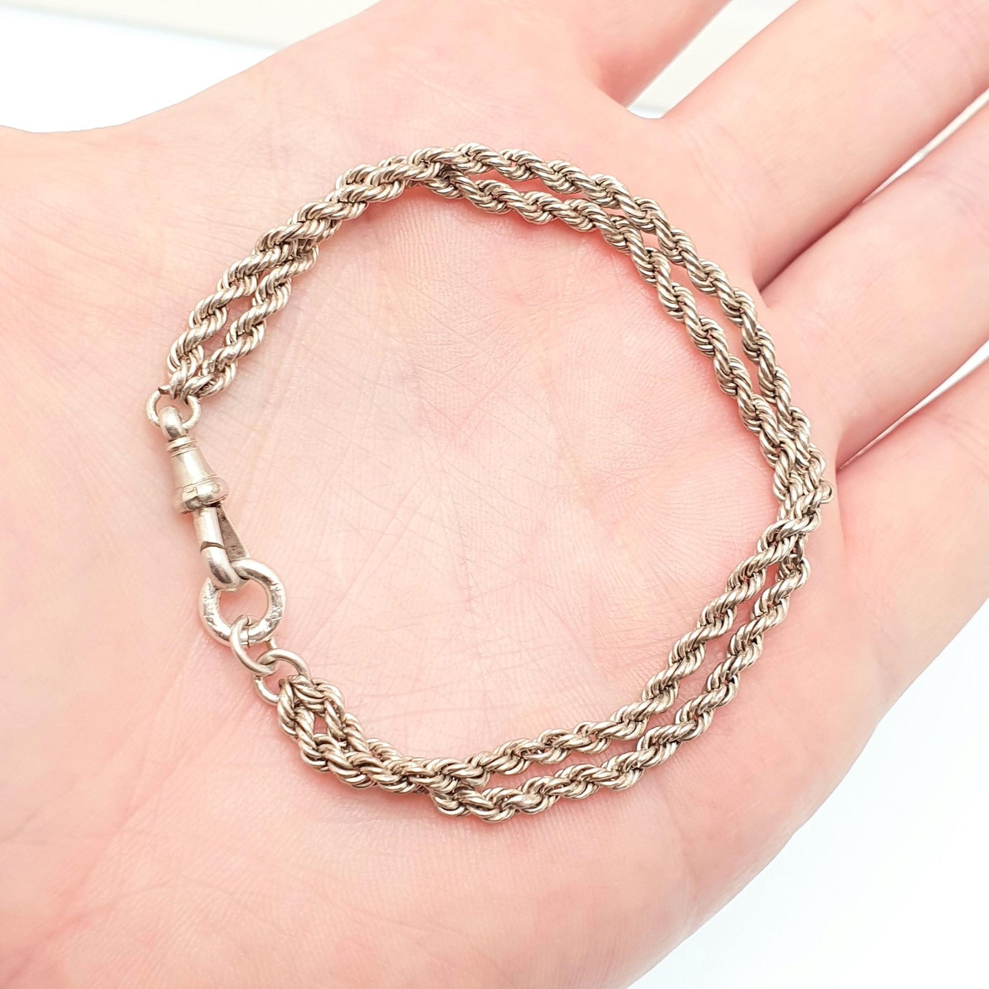 Antique Victorian Solid Silver Albertina Bracelet Double Rope Link Dog Clip 5.42g 18cm Twist Helix Vintage Chain Womens Jewelry Jewellery