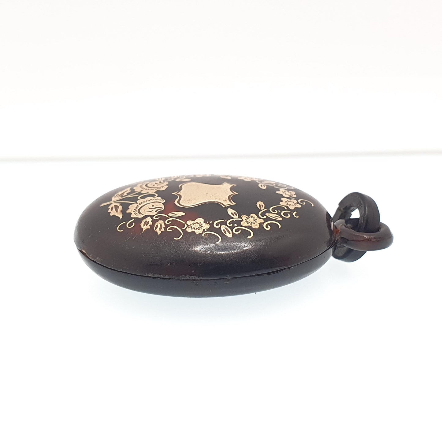 Antique Victorian Pique Locket Pendant Shield Large Big Necklace Gold Inlay Rare Unique Shell 1800s Vintage Women Ladies Jewelry Jewellery
