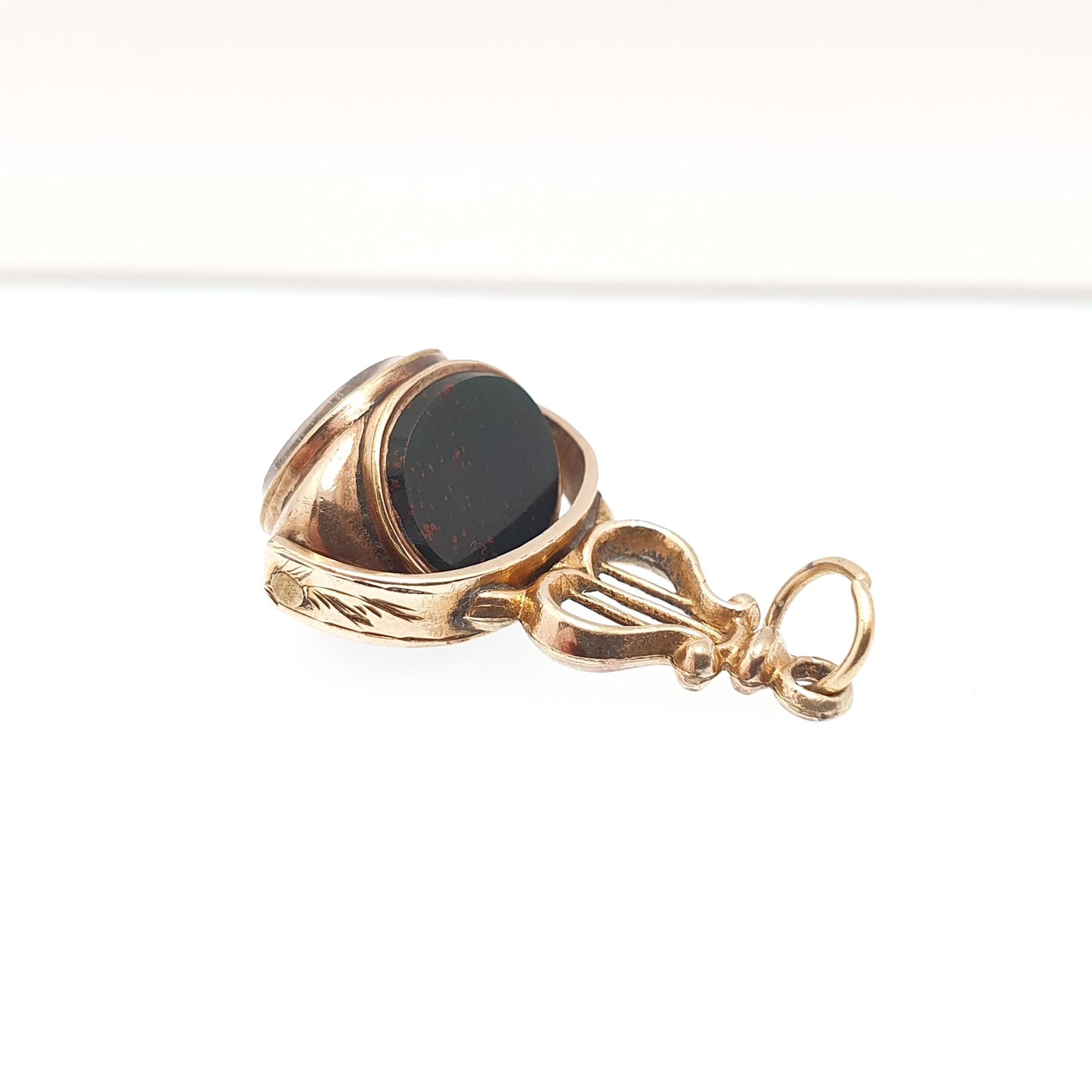 Antique 9ct Gold Cased Bloodstone Spinner Fob Pendant Victorian Cable Link Carnelian Necklace Albert Vintage Womens Jewellery Jewelry