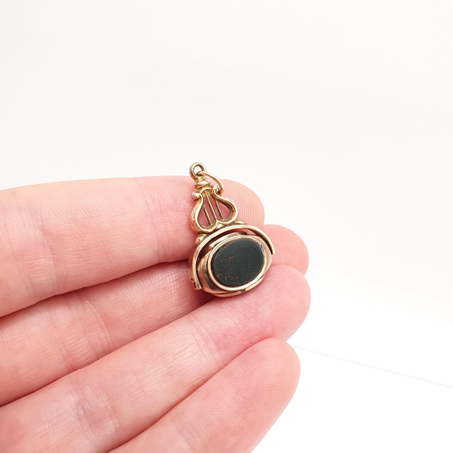 Antique 9ct Gold Cased Bloodstone Spinner Fob Pendant Victorian Cable Link Carnelian Necklace Albert Vintage Womens Jewellery Jewelry