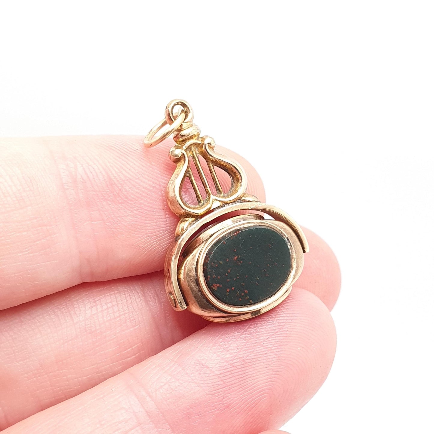 Antique 9ct Gold Cased Bloodstone Spinner Fob Pendant Victorian Cable Link Carnelian Necklace Albert Vintage Womens Jewellery Jewelry