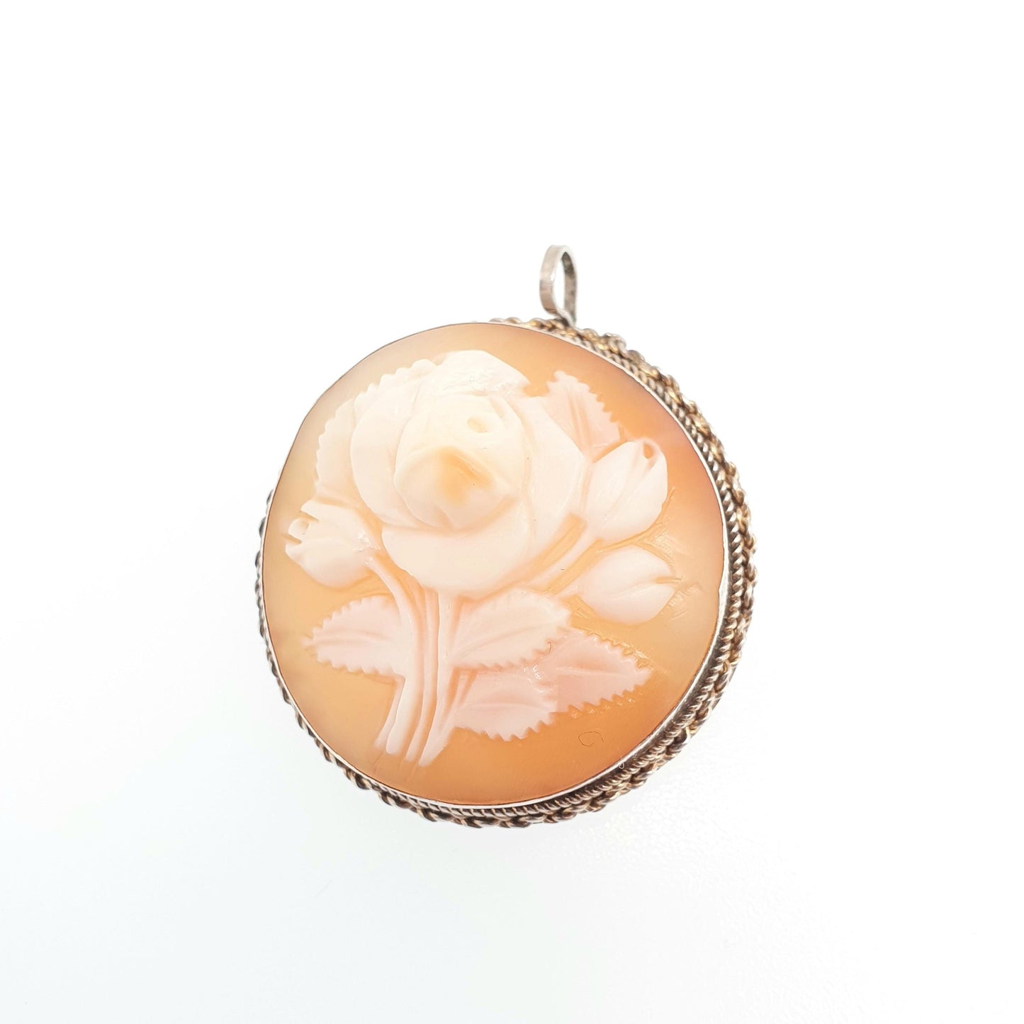 Old Vintage Flower Cameo Sterling Silver Pendant Brooch Necklace Hand Carved Shell High Relief Rare Unique Italian Jewelry Womens Jewellery