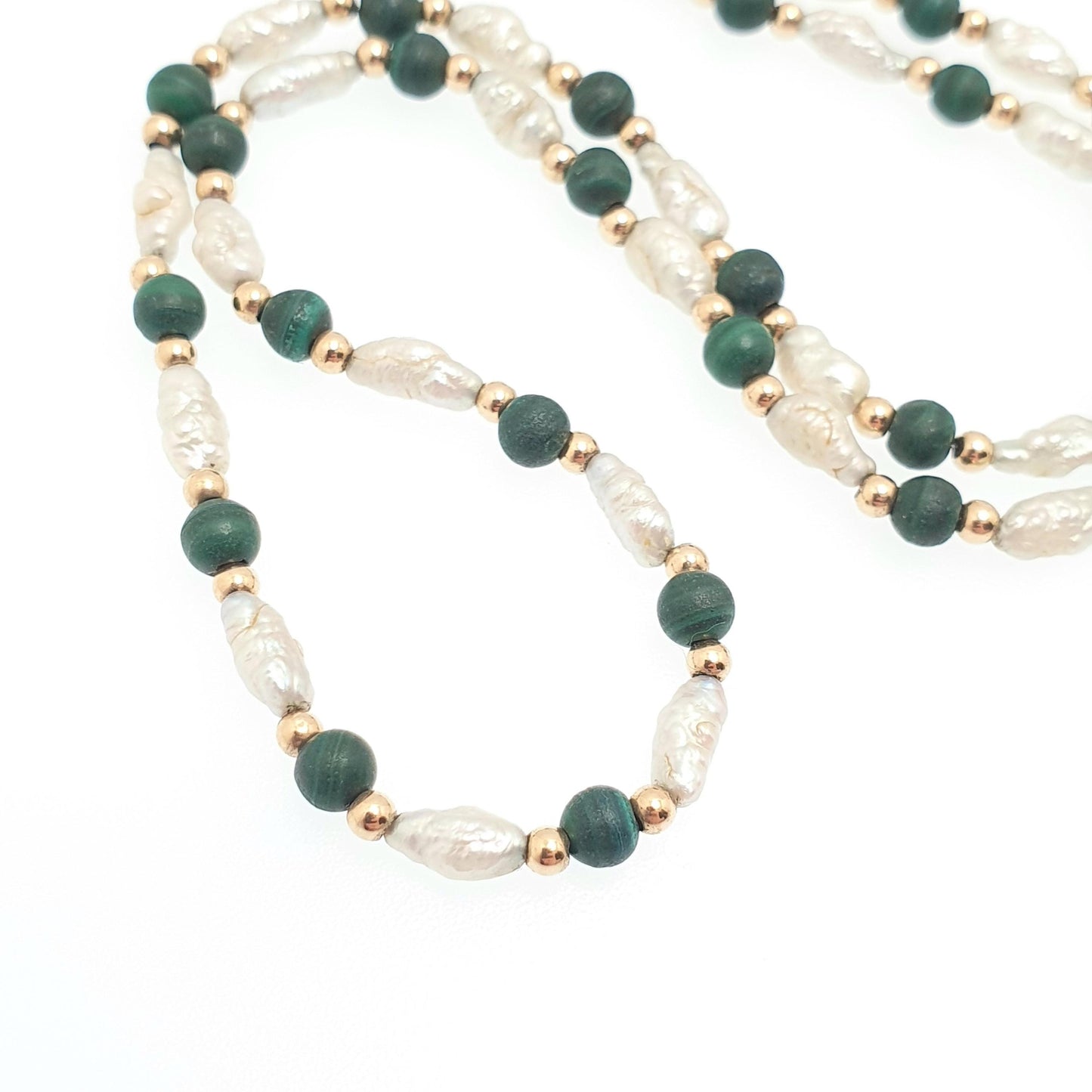 Vintage 9ct Gold Malachite Bead Necklace Freshwater Pearl Solid 9k 375 9kt Banded Green Gemstone 41cm 16.1" 7.60g Womens Jewelry Jewellery