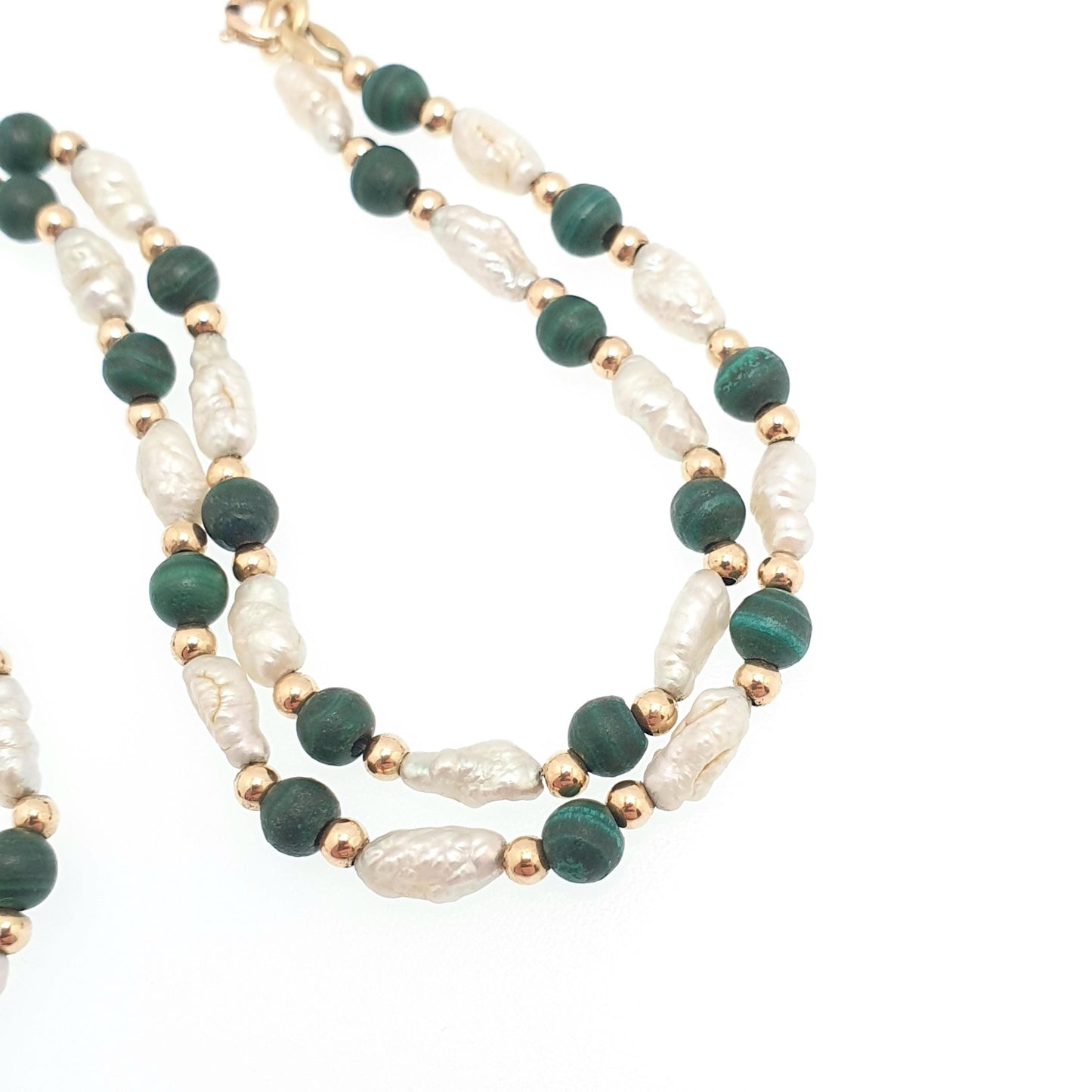 Vintage 9ct Gold Malachite Bead Necklace Freshwater Pearl Solid 9k 375 9kt Banded Green Gemstone 41cm 16.1" 7.60g Womens Jewelry Jewellery