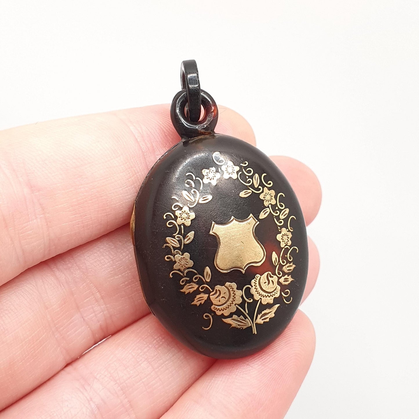 Antique Victorian Pique Locket Pendant Shield Large Big Necklace Gold Inlay Rare Unique Shell 1800s Vintage Women Ladies Jewelry Jewellery
