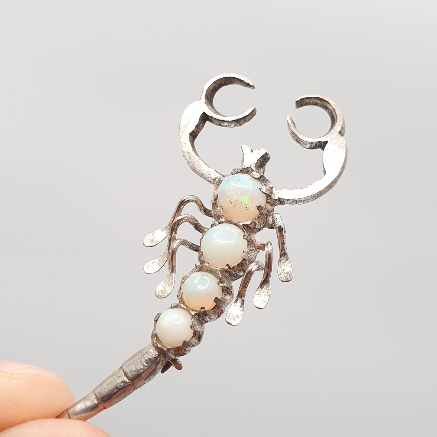 Antique Natural Opal Scorpion Brooch Scorpio White Silver Tone Victorian Genuine Gemstones Vintage Arachnid Insect Gift Jewelry Jewellery