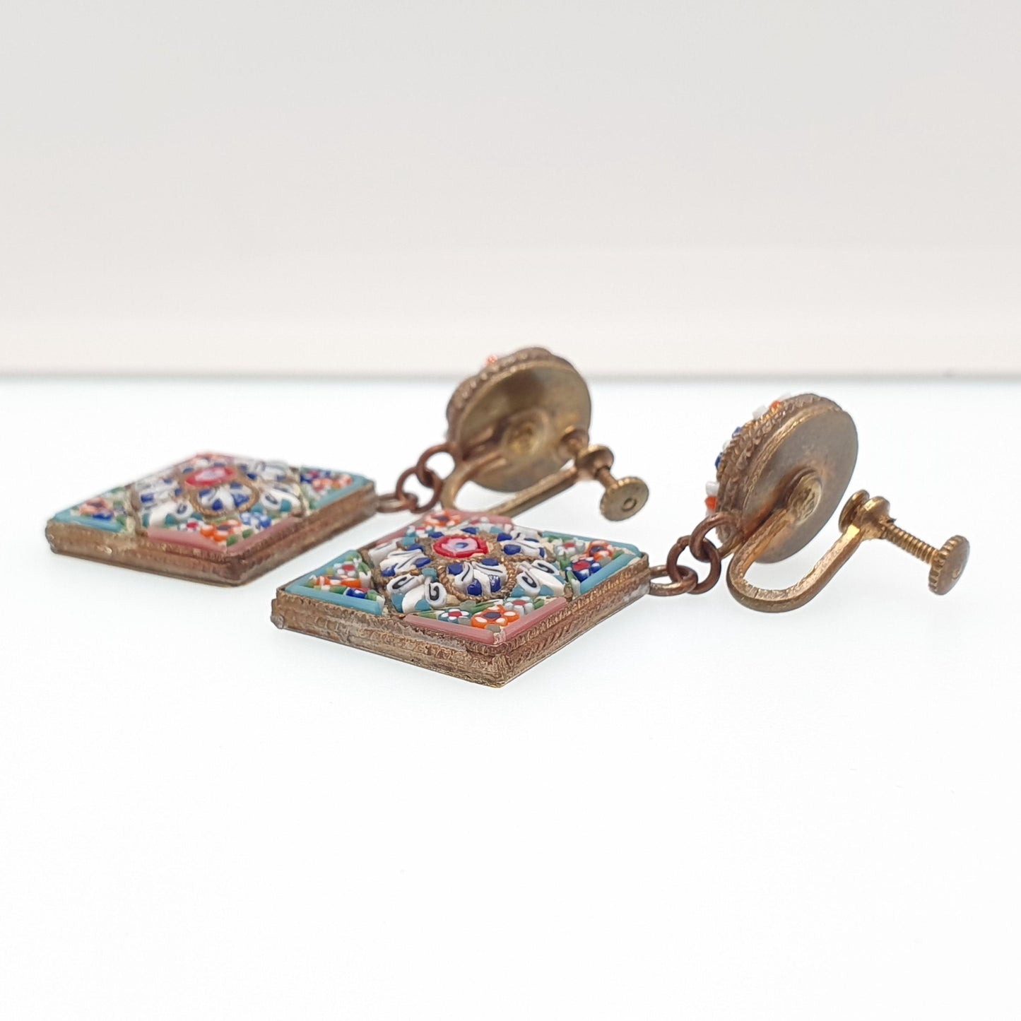 Antique Micro Mosaic Earrings Micromosaic Large Tile Millefiori Gold Gilt Handmade Italian Genuine Screw Back Vintage Jewelry Jewellery