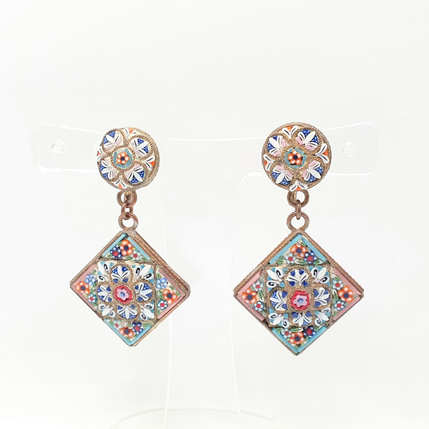 Antique Micro Mosaic Earrings Micromosaic Large Tile Millefiori Gold Gilt Handmade Italian Genuine Screw Back Vintage Jewelry Jewellery