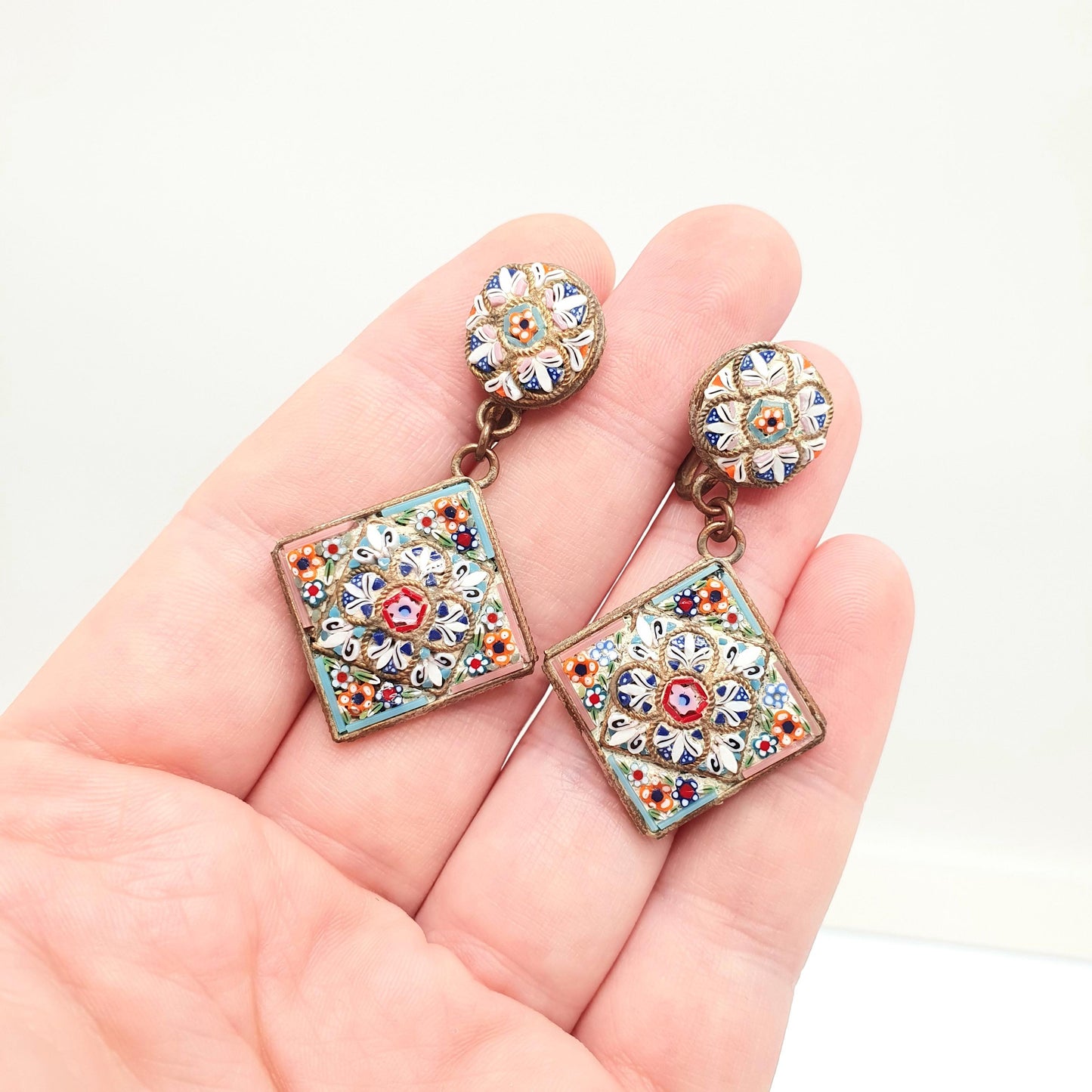 Antique Micro Mosaic Earrings Micromosaic Large Tile Millefiori Gold Gilt Handmade Italian Genuine Screw Back Vintage Jewelry Jewellery