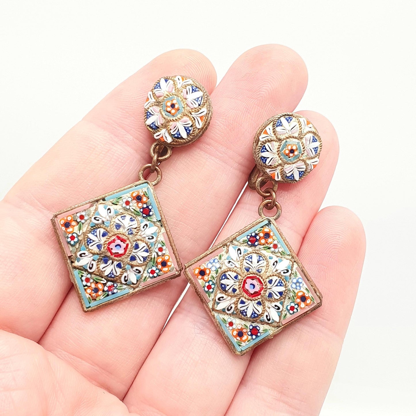 Antique Micro Mosaic Earrings Micromosaic Large Tile Millefiori Gold Gilt Handmade Italian Genuine Screw Back Vintage Jewelry Jewellery